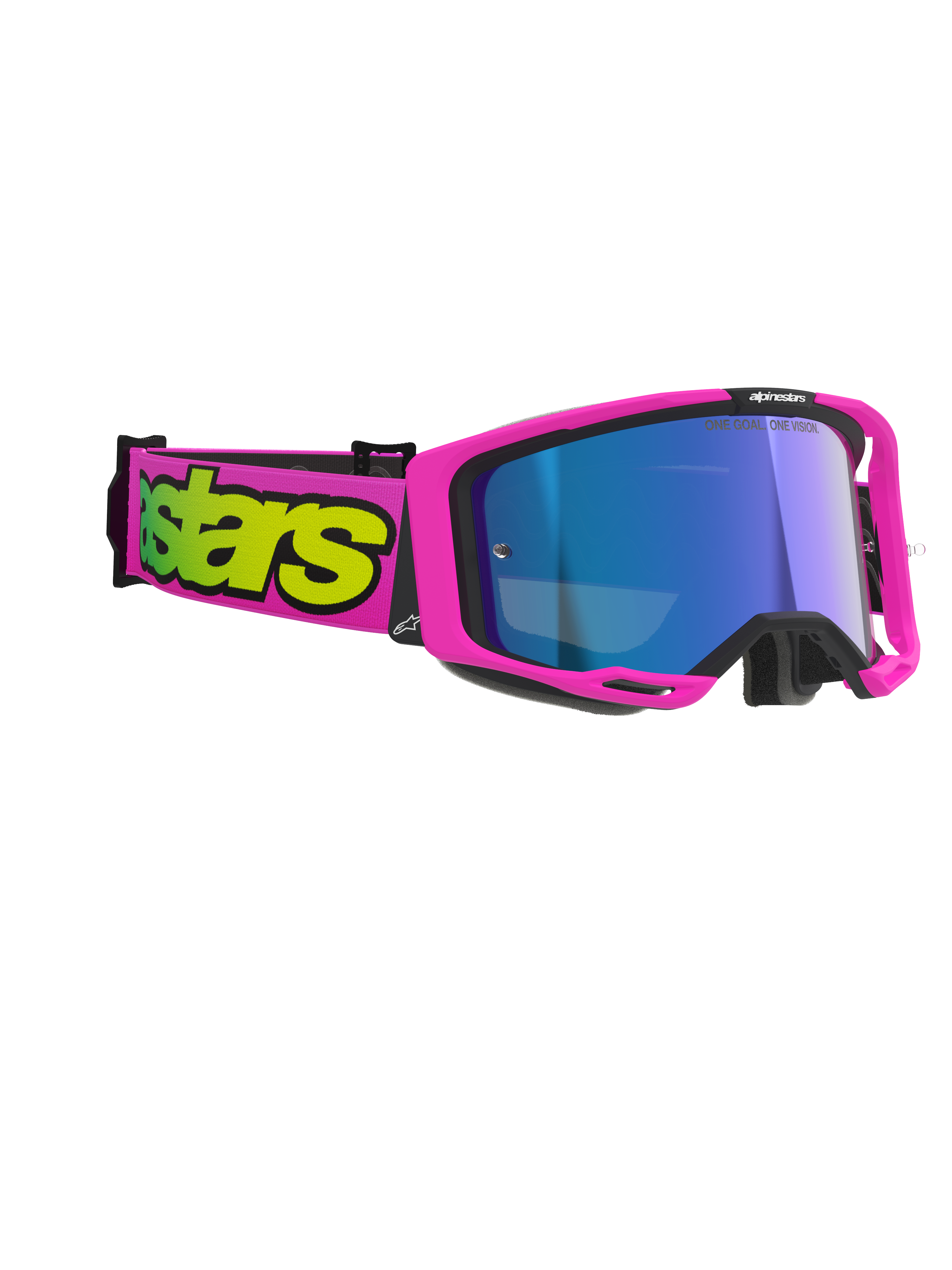 Óculos Alpinestars Vision 8 Vista, óculos de motocross, rosa fluo e amarelo fluo com lente azul espelhada, armação e correia rosa vibrante com logótipo amarelo arrojado, proteção ocular profissional para off-road