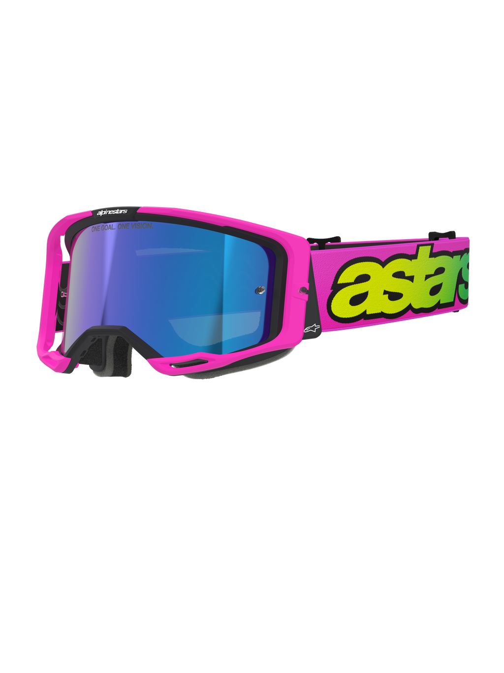 Óculos Alpinestars Vision 8 Vista, óculos de motocross, rosa néon e amarelo néon com lente azul espelhada, armação rosa vibrante, correia larga cor de rosa com logótipo amarelo néon de destaque, proteção ocular de alta performance para off-road