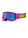 Óculos Alpinestars Vision 8 Vista, óculos de motocross, rosa néon e amarelo néon com lente azul espelhada, armação rosa vibrante, correia larga cor de rosa com logótipo amarelo néon de destaque, proteção ocular de alta performance para off-road