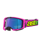 Óculos Alpinestars Vision 8 Vista, óculos de motocross, rosa néon e amarelo néon com lente azul espelhada, armação rosa vibrante, correia larga cor de rosa com logótipo amarelo néon de destaque, proteção ocular de alta performance para off-road