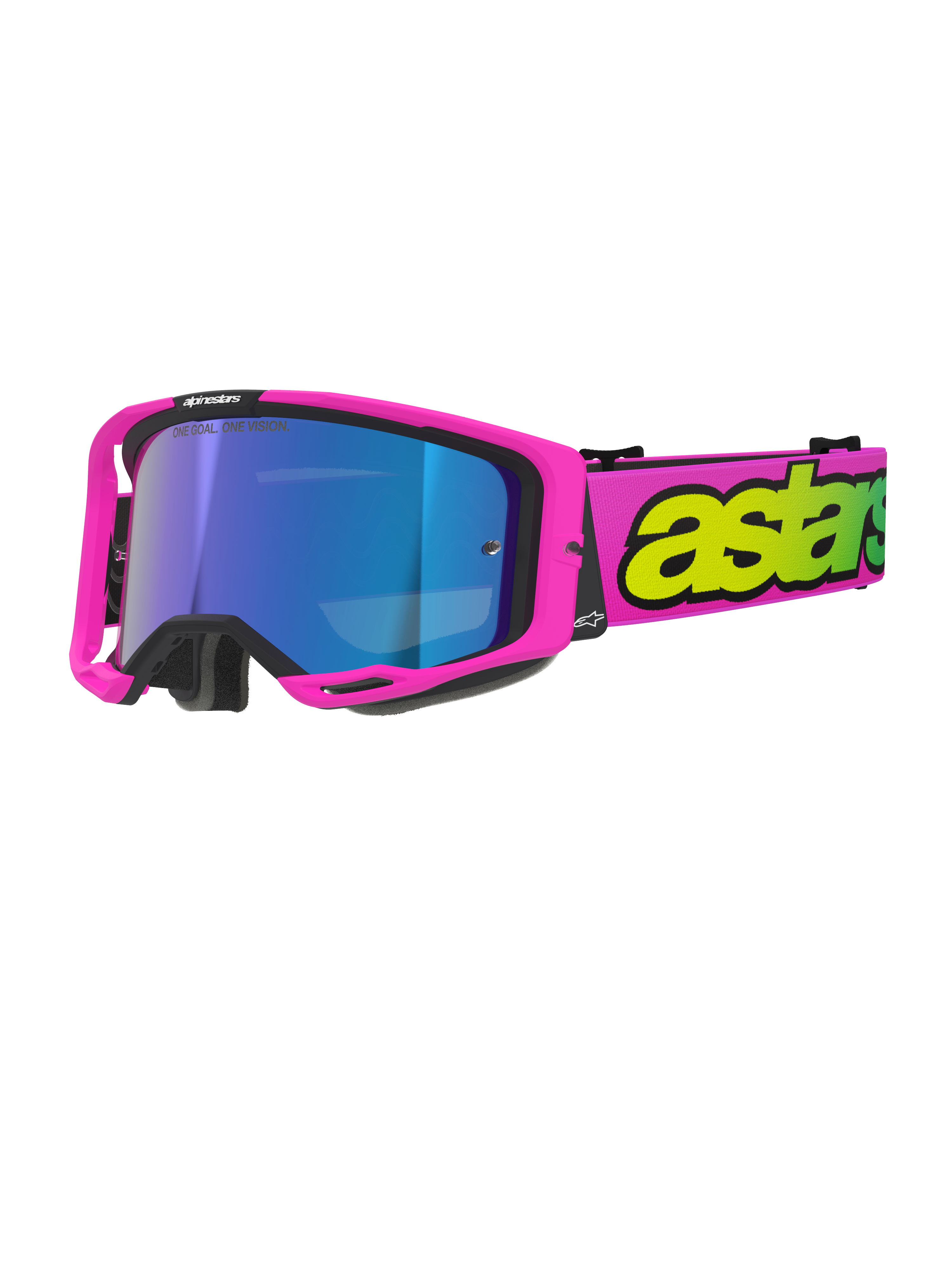 Óculos Alpinestars Vision 8 Vista, óculos de motocross, rosa néon e amarelo néon com lente azul espelhada, armação rosa vibrante, correia larga cor de rosa com logótipo amarelo néon de destaque, proteção ocular de alta performance para off-road