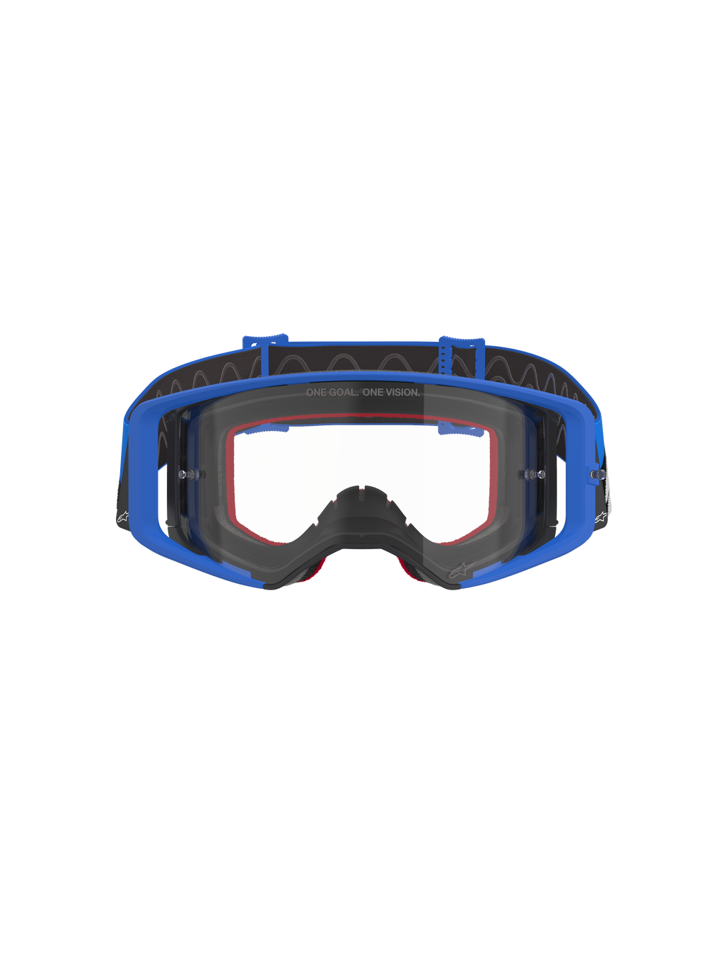 Alpinestars Supertech Stream Goggles, Motocross and Off-Road Goggles, Blue with Clear Lens, featuring a blue frame, red foam padding, and black adjustable strap with internal silicone grip, "ONE GOAL. ONE VISION." branding on the lens, high-performance protective eyewear for racing.