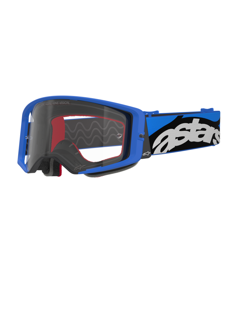 Óculos Alpinestars Supertech Stream, óculos de motocross, azul e transparente, armação azul brilhante com lente transparente, fita ajustável larga em azul e preto com logótipo 'astars' branco em destaque, detalhes em espuma interior vermelha, óculos profissionais para corridas de off-road e motocross
