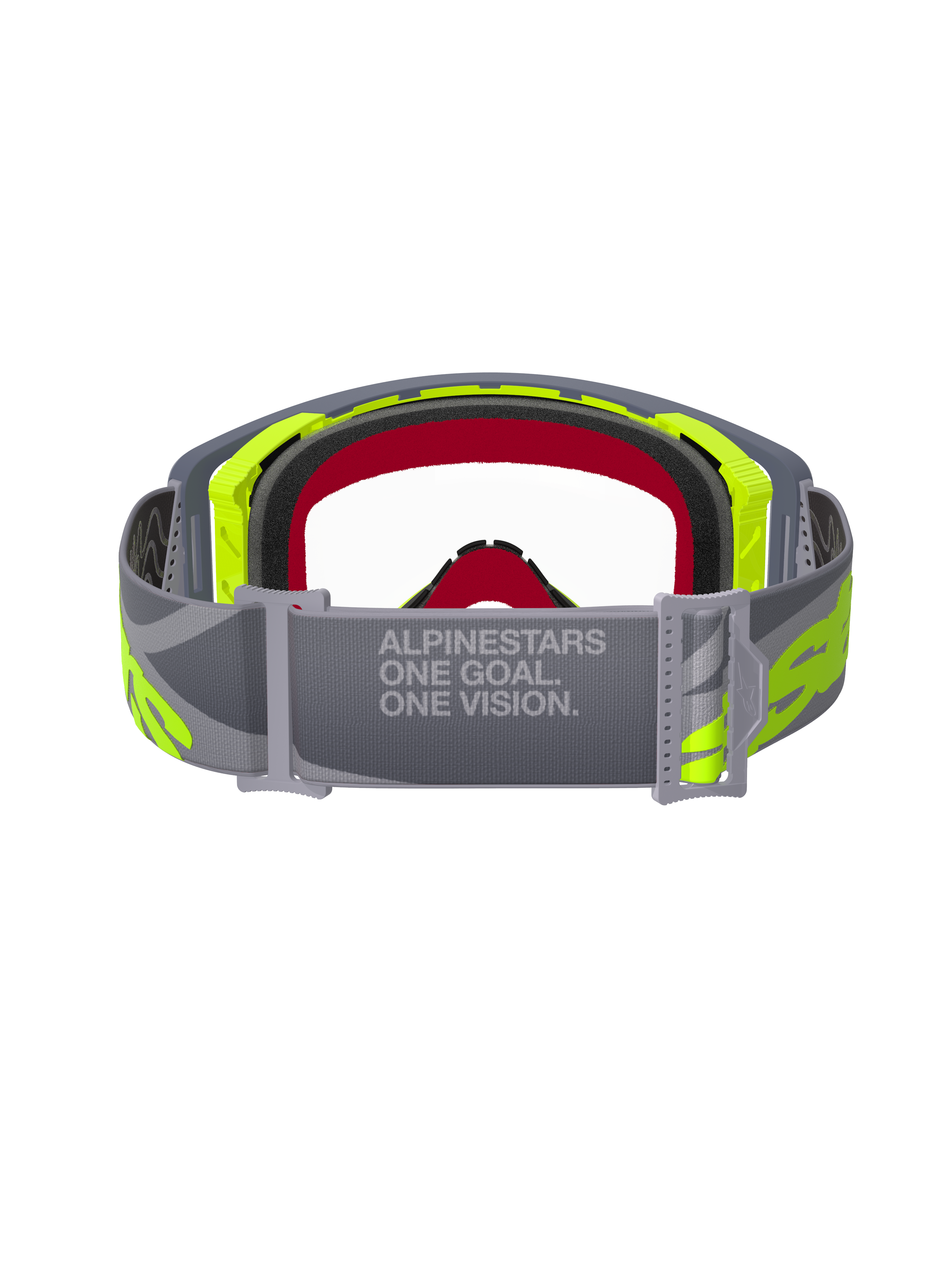 Alpinestars Supertech Stream Goggles, Motocross Goggles, Gray and Yellow Fluo, back view showing the adjustable grey strap with 'ONE GOAL. ONE VISION.' text, clear lens and multi-layer face foam, professional off-road racing gear