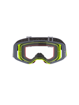Óculos Alpinestars Supertech Stream, óculos de motocross, armação cinzenta e amarela fluorescente com lente transparente, vista frontal mostrando o design de visão ampla e a construção técnica da armação, proteção ocular para corridas off-road