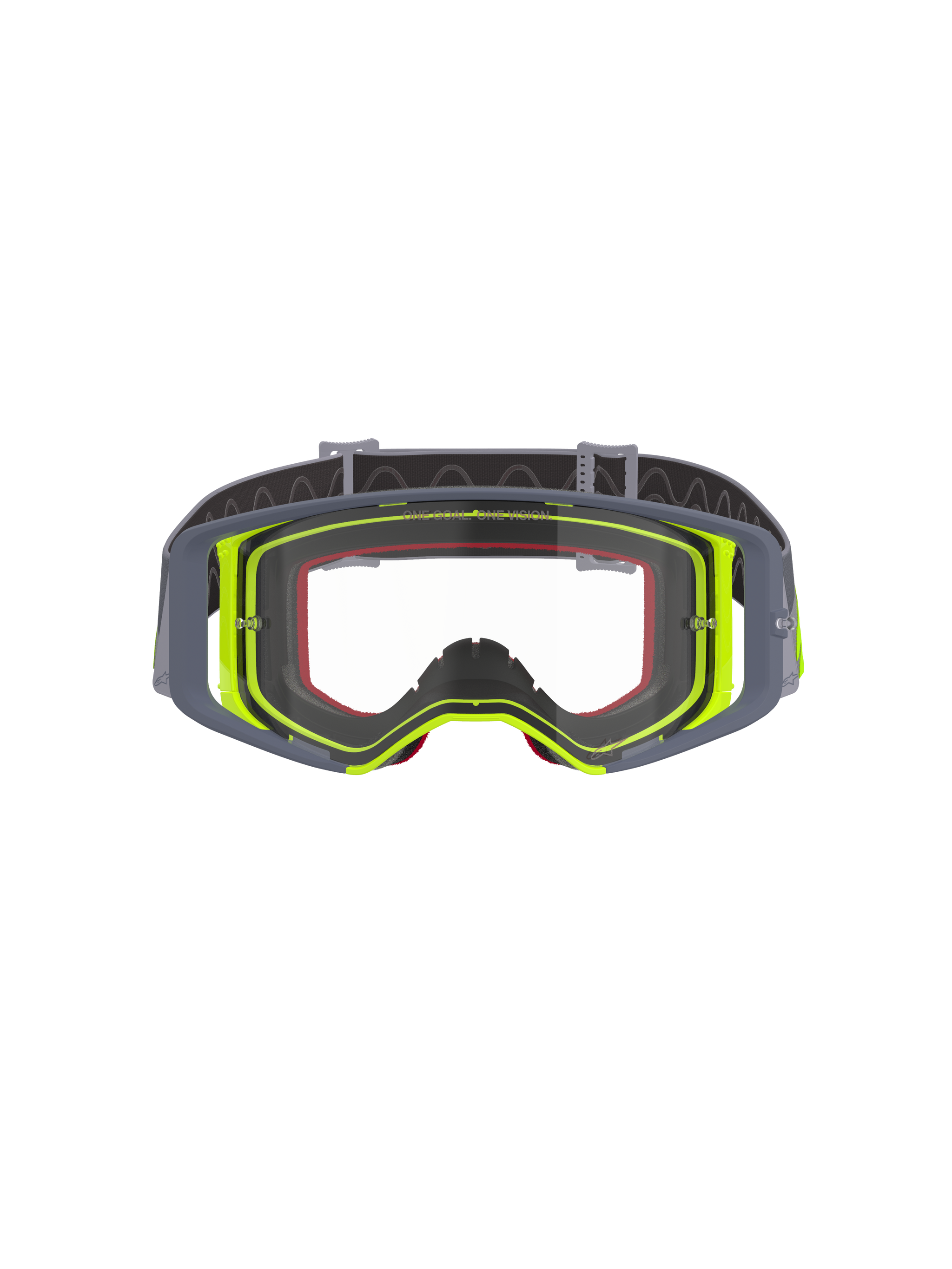 Óculos Alpinestars Supertech Stream, óculos de motocross, armação cinzenta e amarela fluorescente com lente transparente, vista frontal mostrando o design de visão ampla e a construção técnica da armação, proteção ocular para corridas off-road