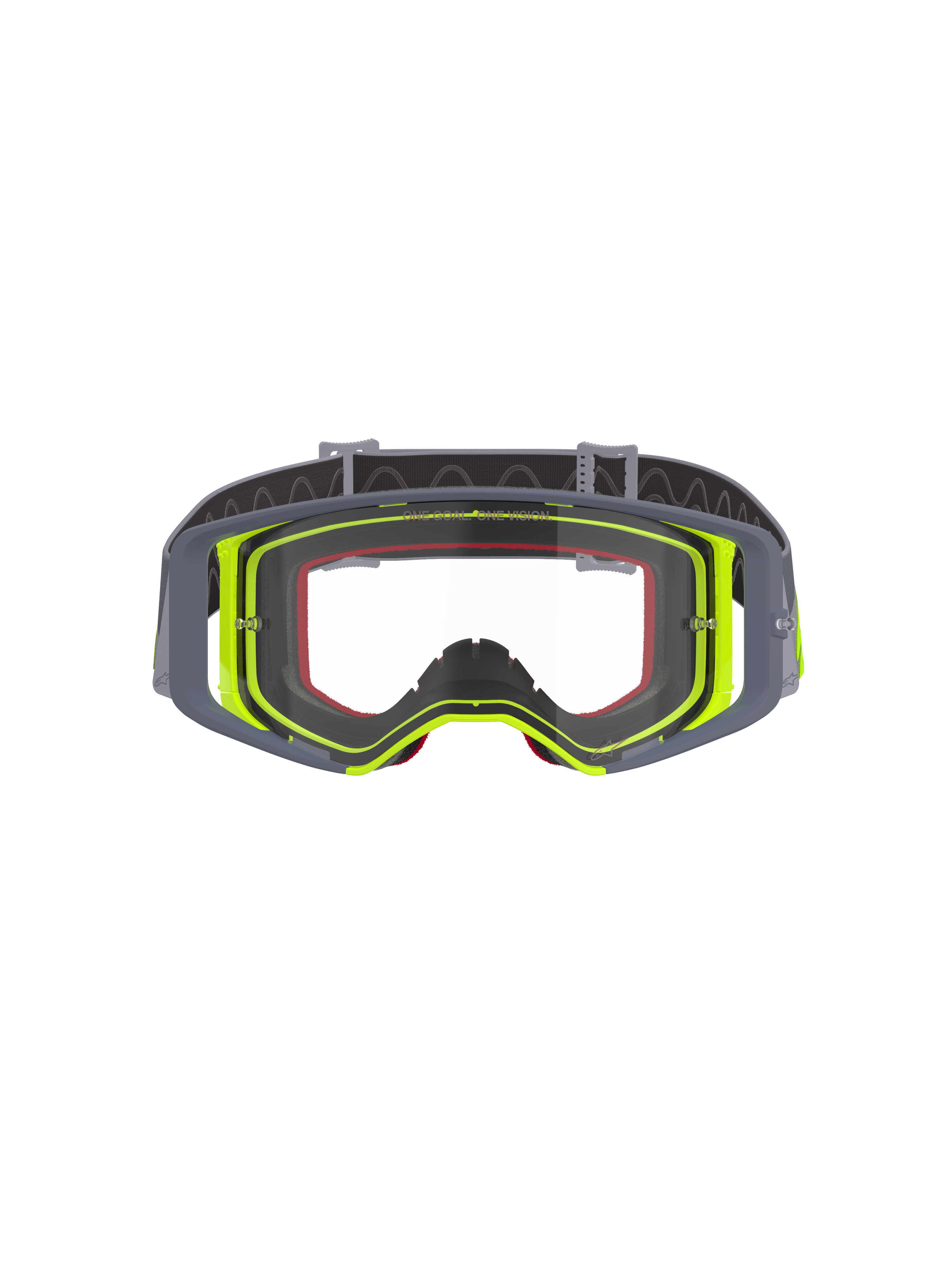 Alpinestars Supertech Stream Goggles, Motocross Goggles, Gray and Fluorescent Yellow frame with Clear lens, front view showing the wide vision design and technical frame construction, off-road racing eye protection