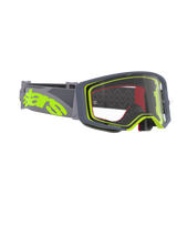 Alpinestars Supertech Stream Goggles, óculos de motocross, armação cinzenta e amarelo néon com lente transparente, fita cinzenta larga com um logótipo grande em amarelo néon, concebidos para performance em motocross e todo-o-terreno