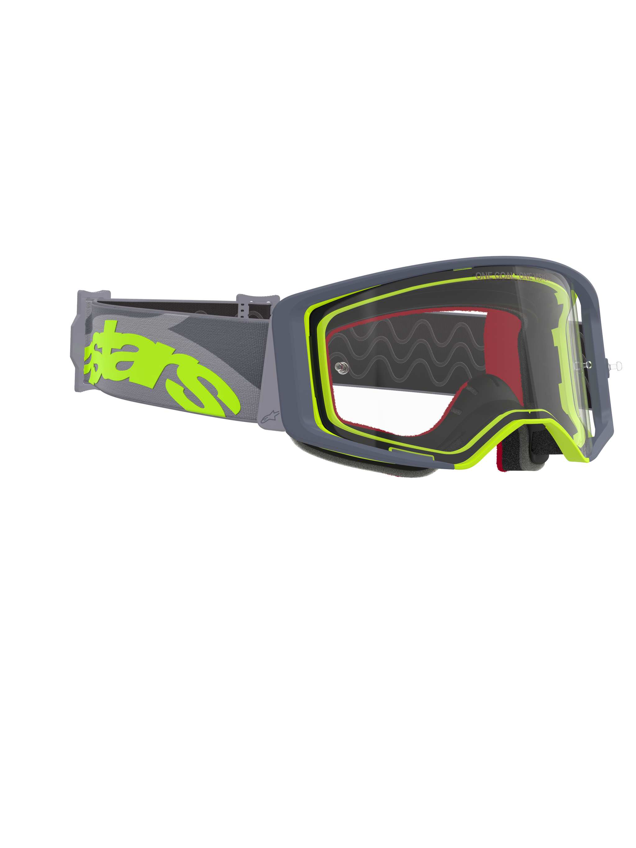 Alpinestars Supertech Stream Goggles, óculos de motocross, armação cinzenta e amarelo néon com lente transparente, fita cinzenta larga com um logótipo grande em amarelo néon, concebidos para performance em motocross e todo-o-terreno
