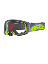 Óculos Alpinestars Supertech Stream, óculos de motocross, cinzento e amarelo fluo, lente transparente com armação cinzenta, espuma interior vermelha, fita larga cinzenta com logótipo astars em amarelo néon, óculos de proteção profissionais para corridas todo-o-terreno