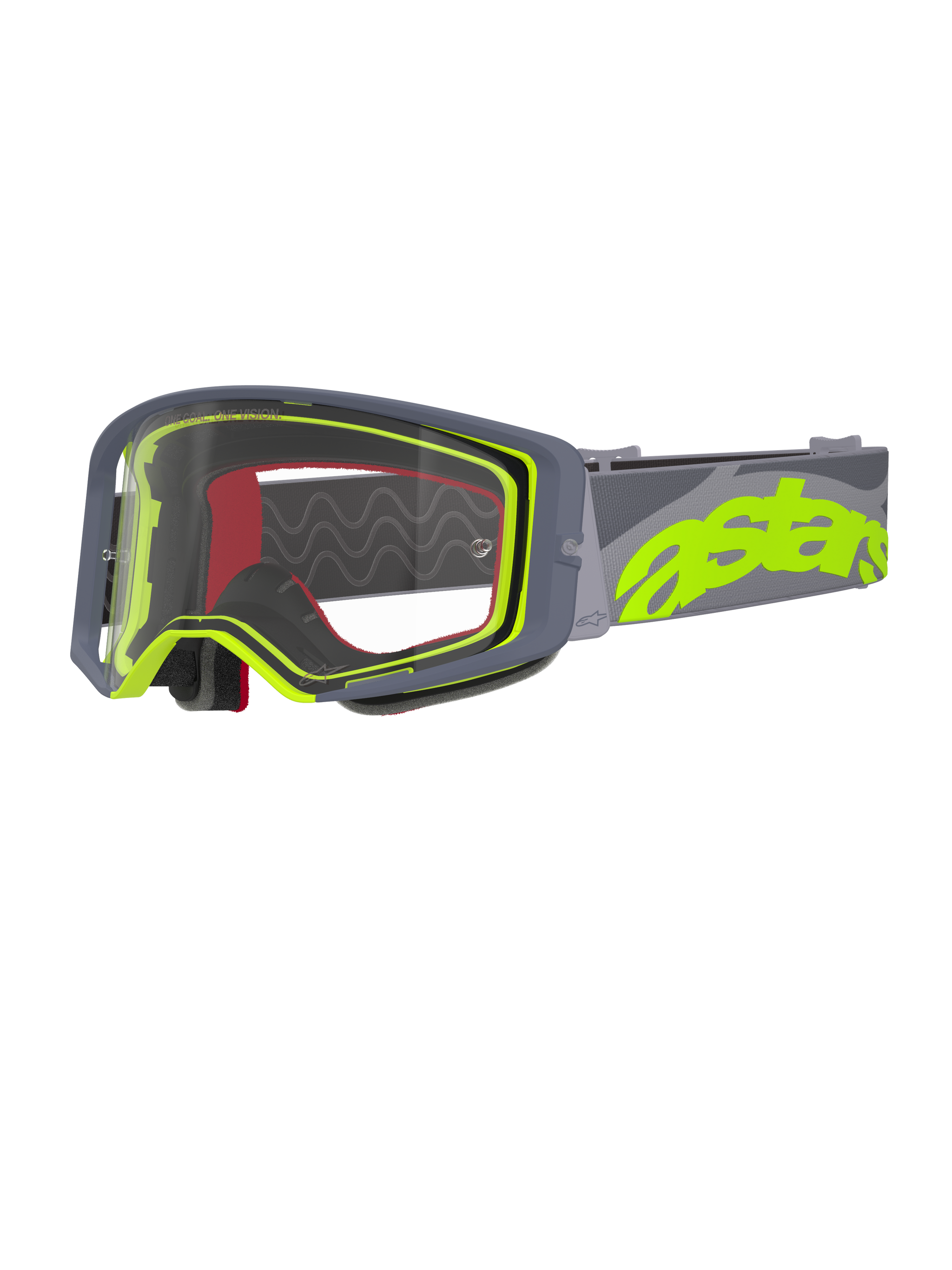 Óculos Alpinestars Supertech Stream, óculos de motocross, cinzento e amarelo fluo, lente transparente com armação cinzenta, espuma interior vermelha, fita larga cinzenta com logótipo astars em amarelo néon, óculos de proteção profissionais para corridas todo-o-terreno