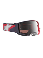 Óculos Alpinestars Supertech Hiten, óculos de motocross com armação preta e vermelha, lente prateada espelhada e fita ajustável com grafismos.