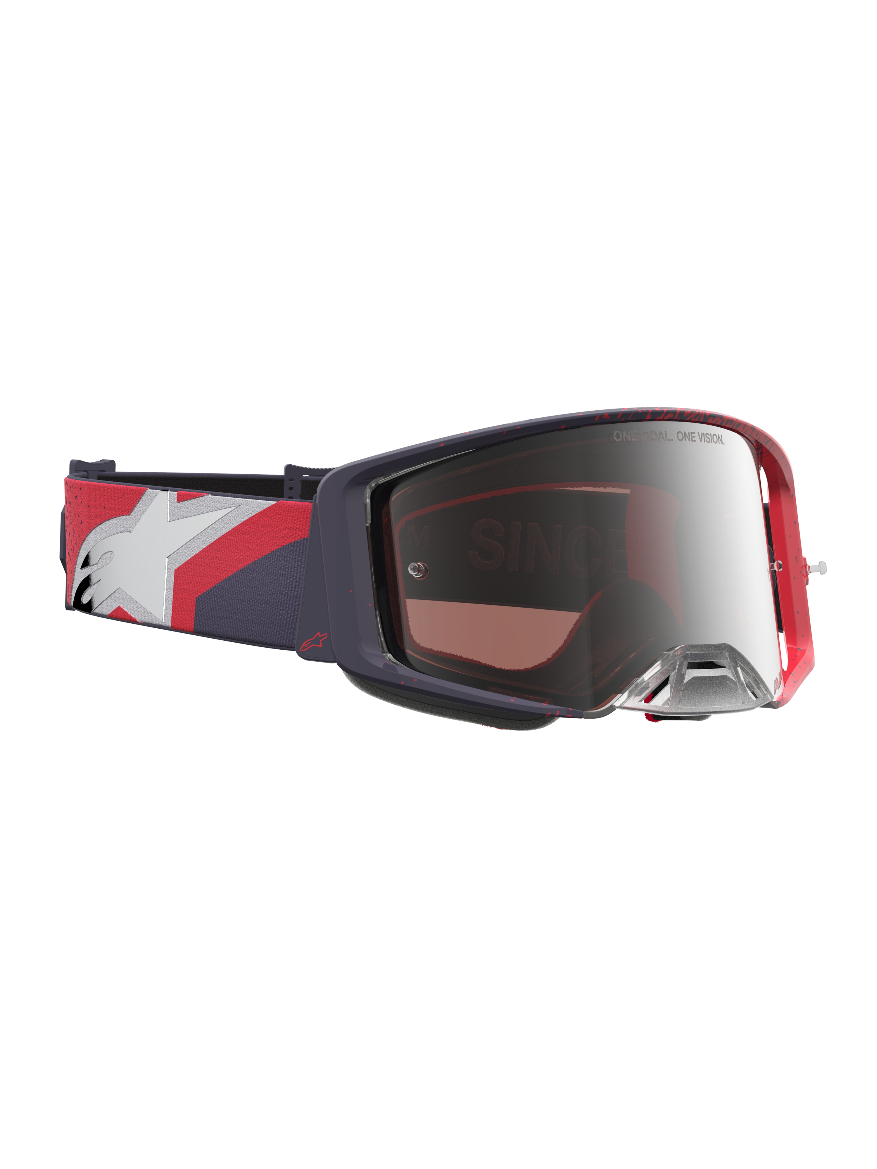 Óculos Alpinestars Supertech Hiten, óculos de motocross com armação preta e vermelha, lente prateada espelhada e fita ajustável com grafismos.