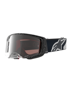 Alpinestars Supertech Hiten Goggles for motocross racing, black and white with a silver mirror lens and wide peripheral vision.