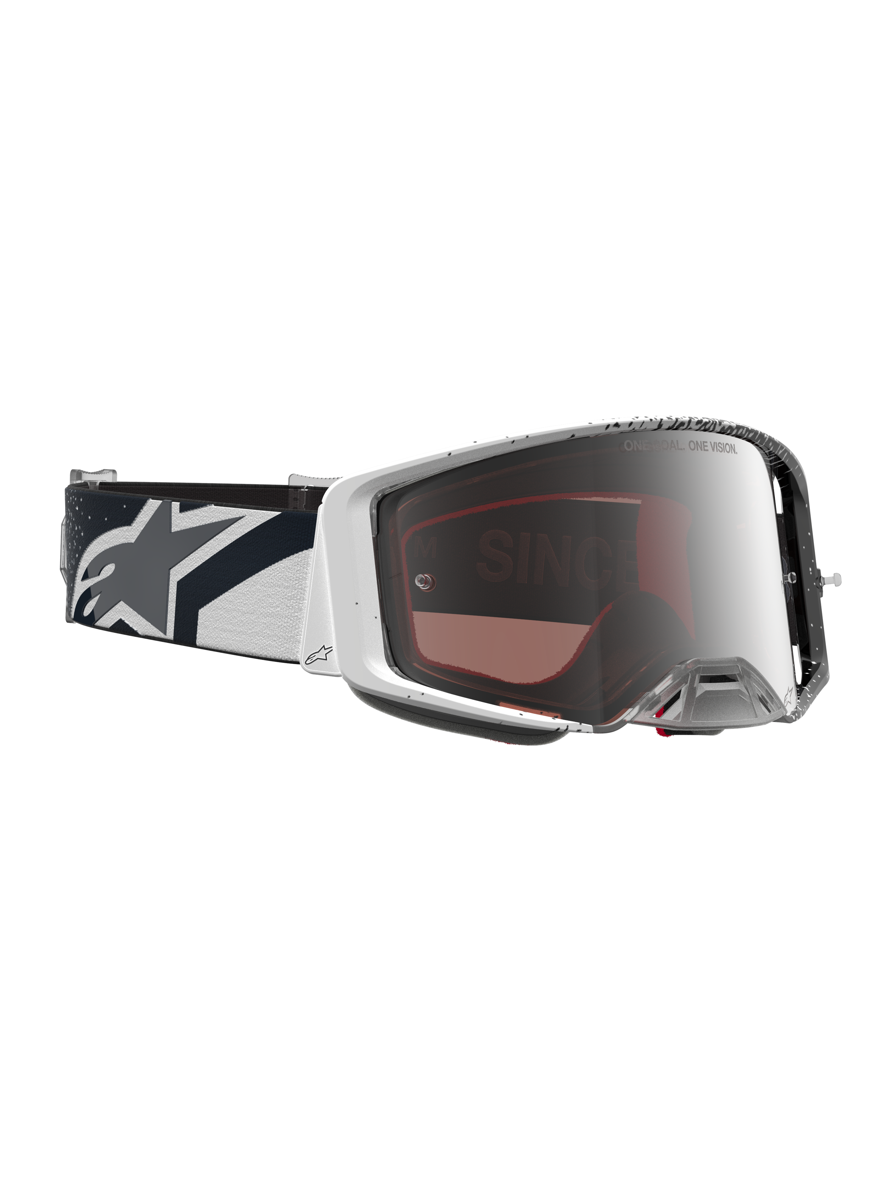 Óculos Alpinestars Supertech Hiten de motocross, brancos e pretos, com lente prateada espelhada e correia com logótipo de estrela