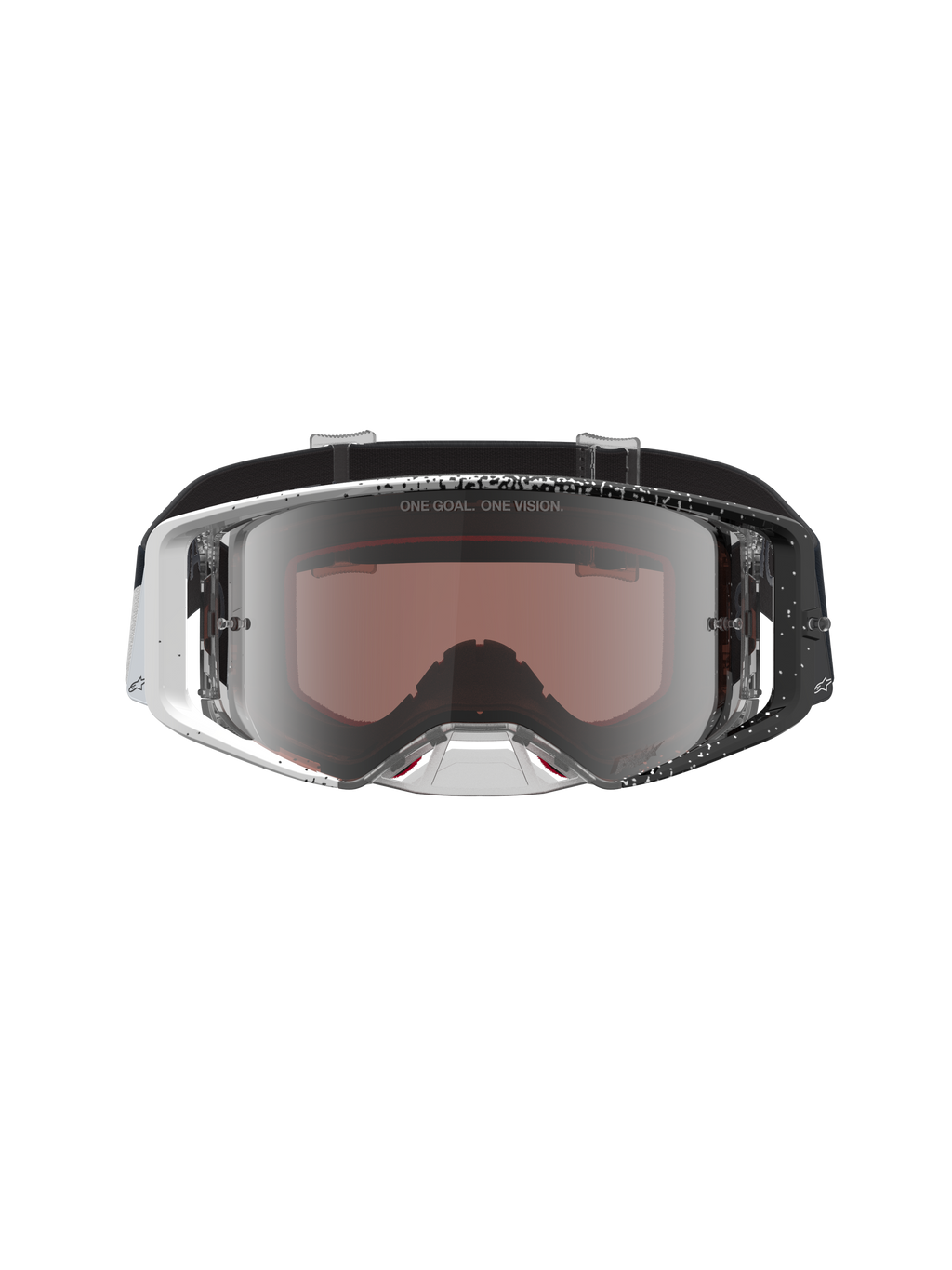 Óculos Alpinestars Supertech Hiten, óculos de motocross com armação salpicada branca e preta e lente prateada espelhada.