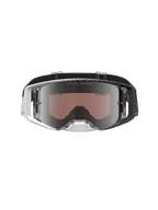 Óculos Alpinestars Supertech Hiten, óculos de motocross com armação salpicada branca e preta e lente prateada espelhada.