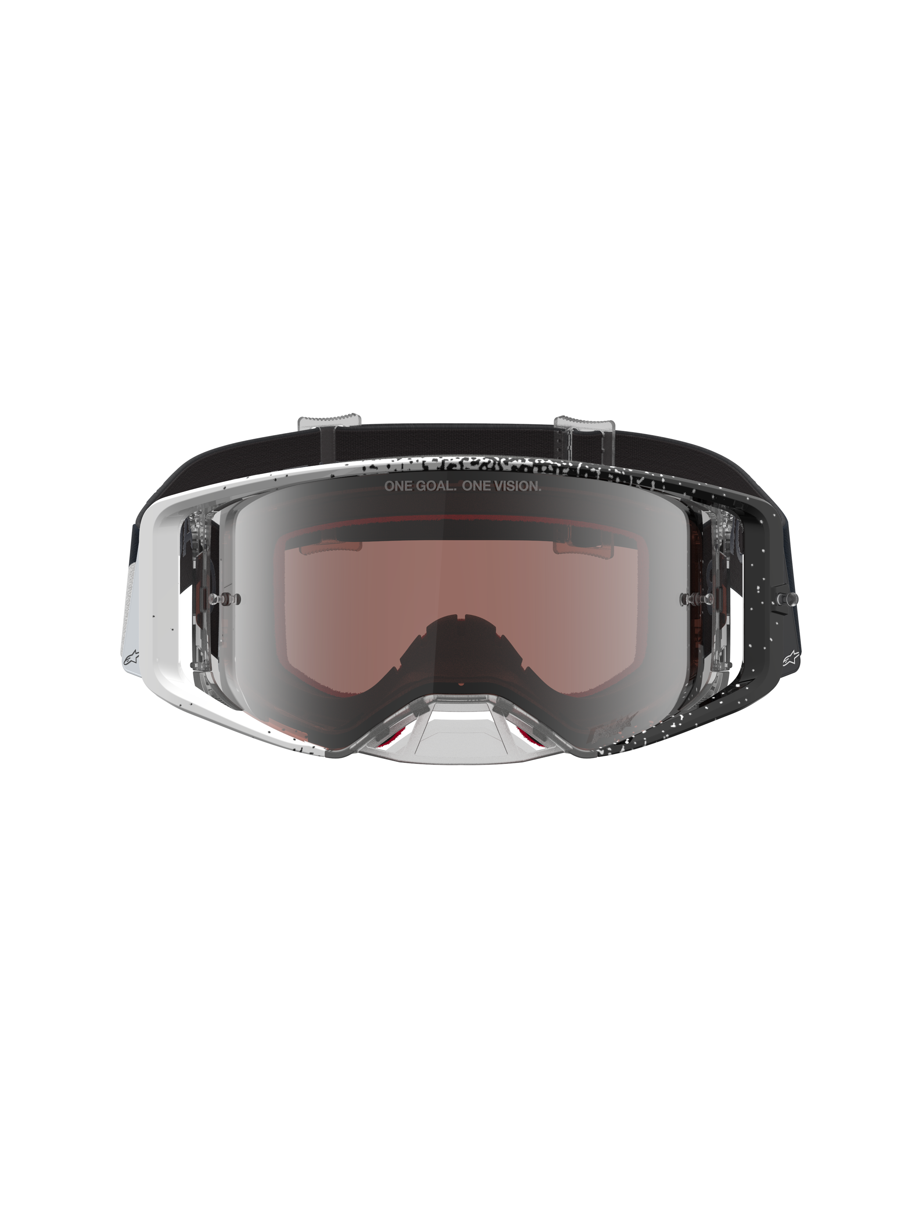 Óculos Alpinestars Supertech Hiten, óculos de motocross com armação salpicada branca e preta e lente prateada espelhada.