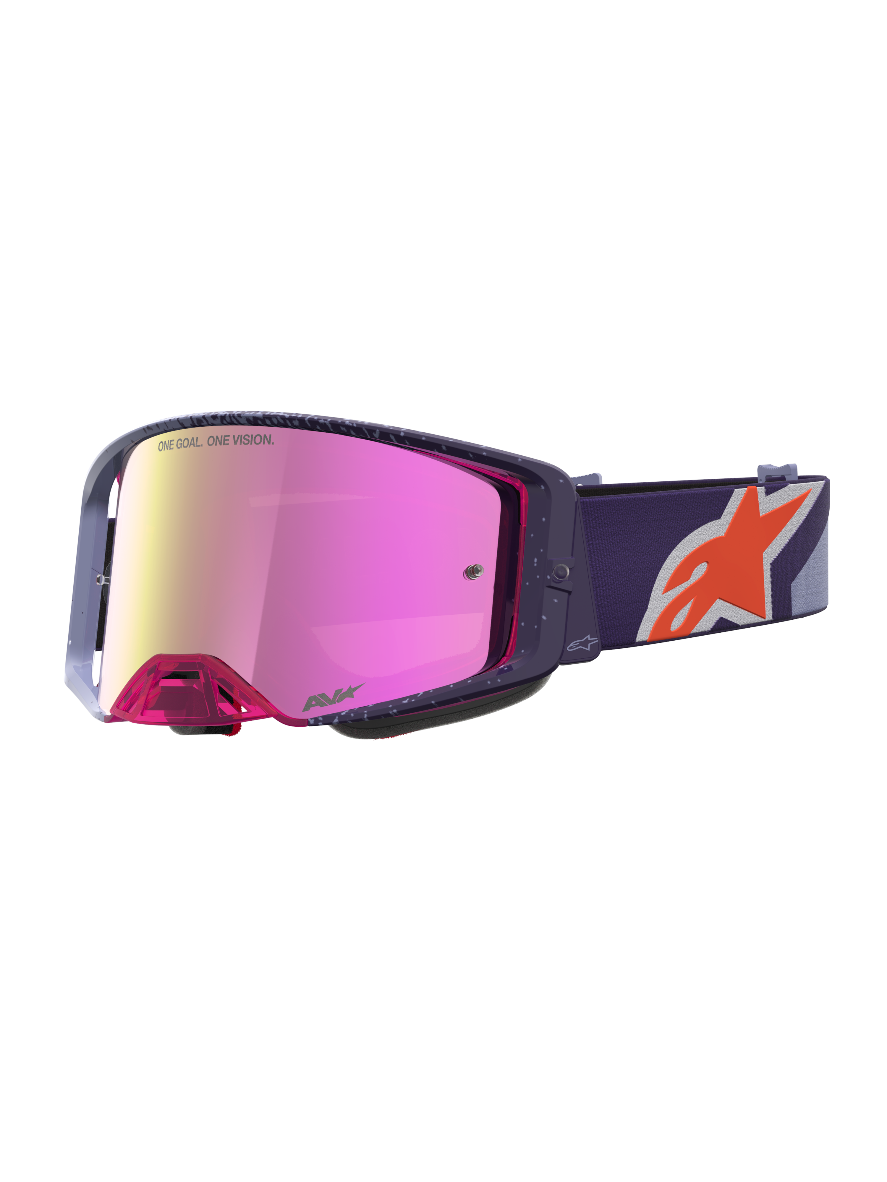 Óculos Supertech Hiten da Alpinestars, óculos de motocross e off-road, roxos com lente espelhada rosa e vermelha.