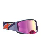 Alpinestars Óculos Supertech Hiten, óculos de motocross roxos com lente rosa espelhada e logótipo laranja na correia.