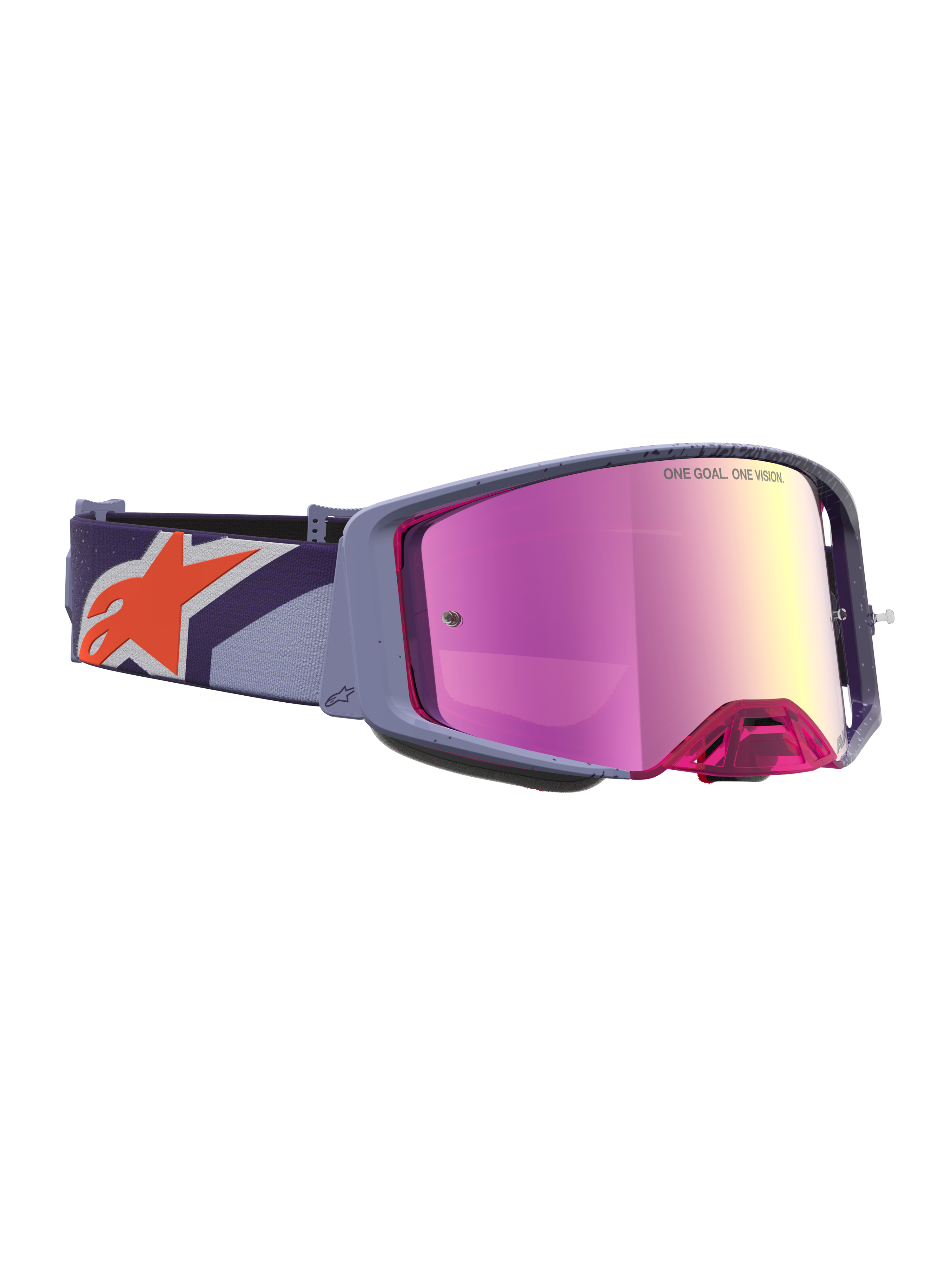Alpinestars Óculos Supertech Hiten, óculos de motocross roxos com lente rosa espelhada e logótipo laranja na correia.