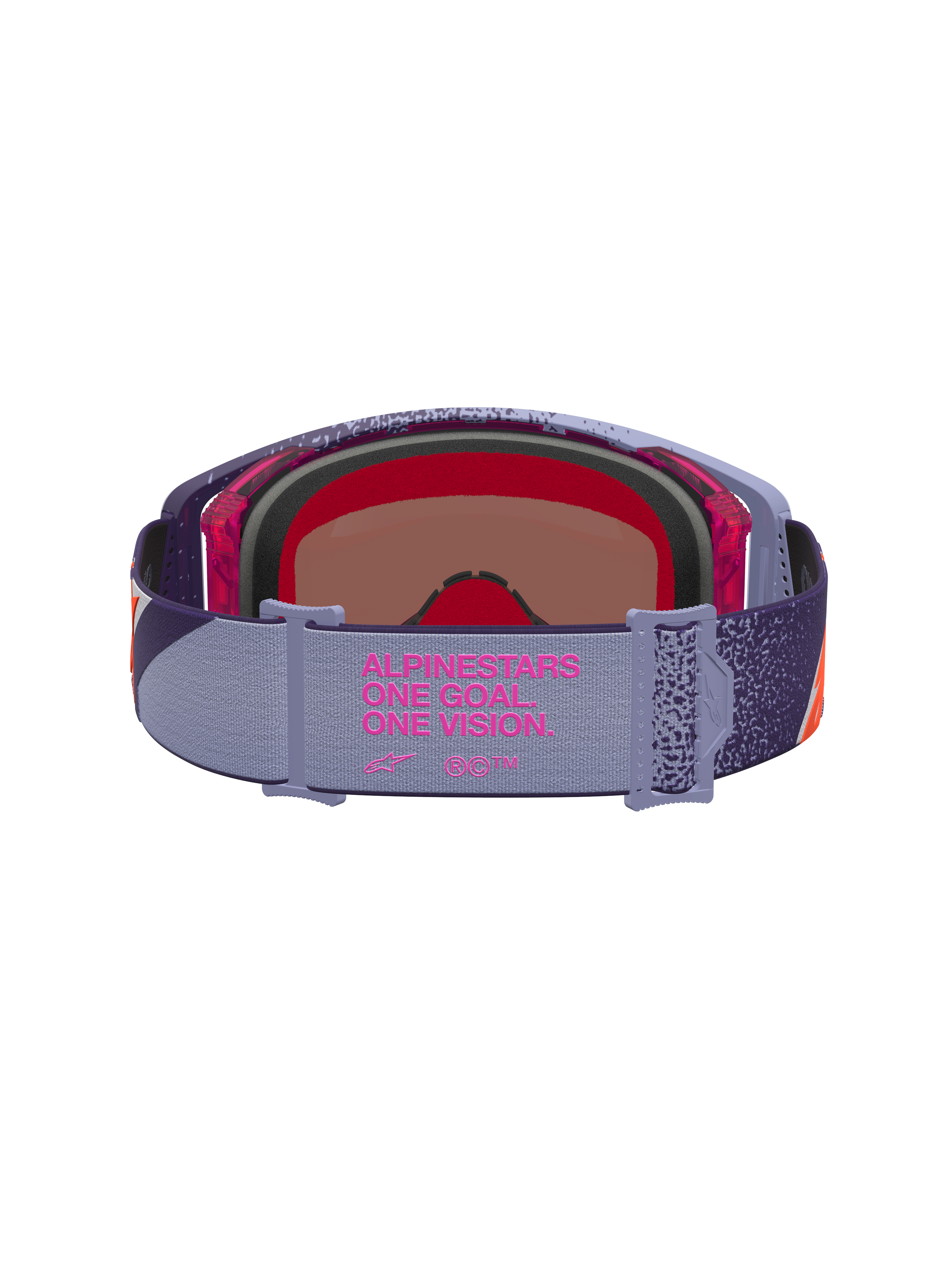 Óculos Alpinestars Supertech Hiten para motocross, roxos e vermelhos, com lente rosa espelhada e fita elástica com logótipo.