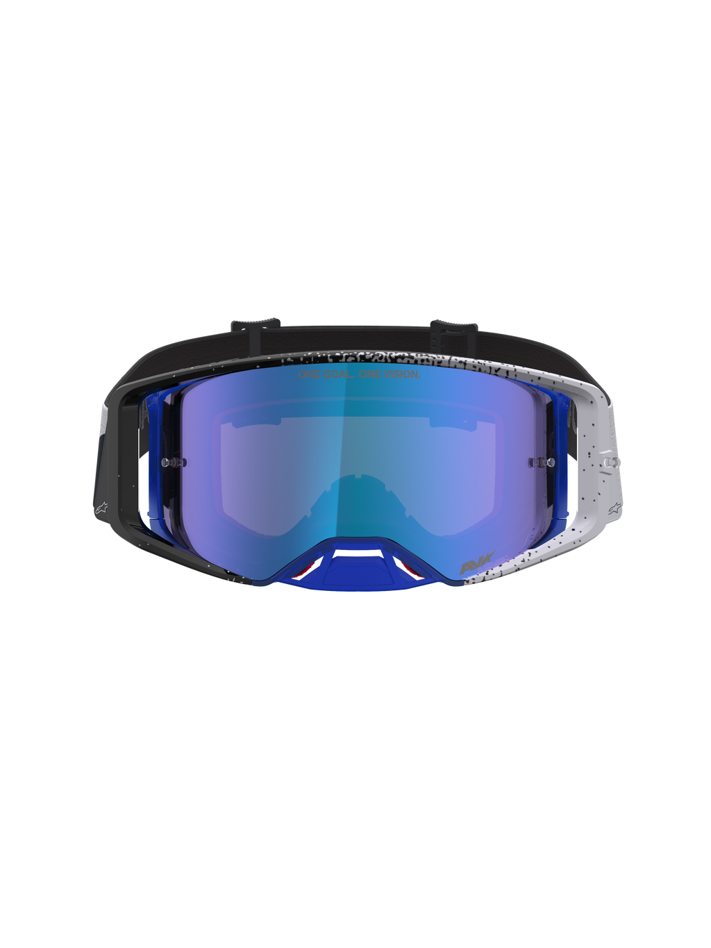 Alpinestars Supertech Hiten, óculos de motocross, pretos e azuis, lente espelhada azul e armação com design pintalgado.