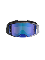 Alpinestars Supertech Hiten, óculos de motocross, pretos e azuis, lente espelhada azul e armação com design pintalgado.
