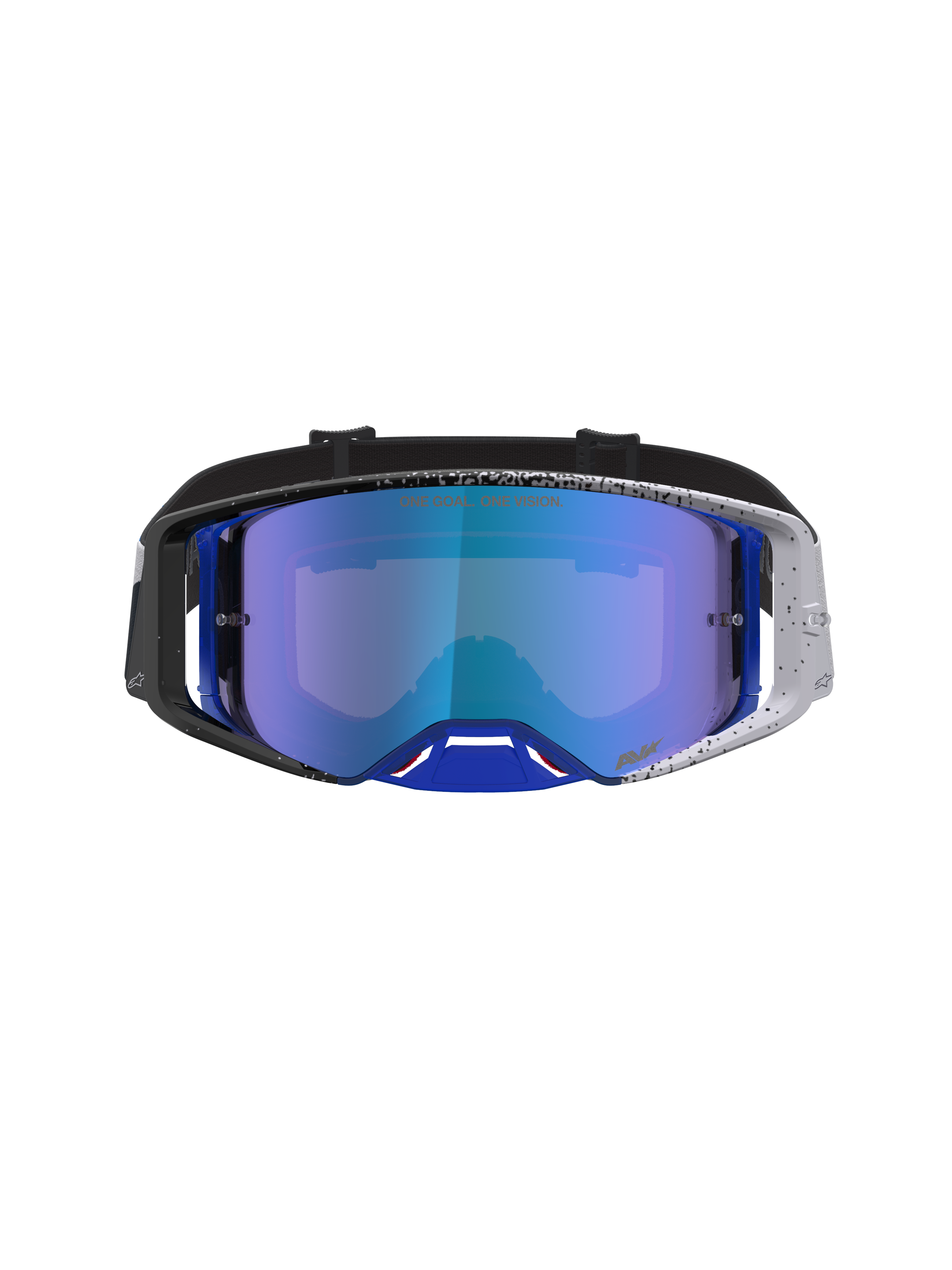 Alpinestars Supertech Hiten, óculos de motocross, pretos e azuis, lente espelhada azul e armação com design pintalgado.