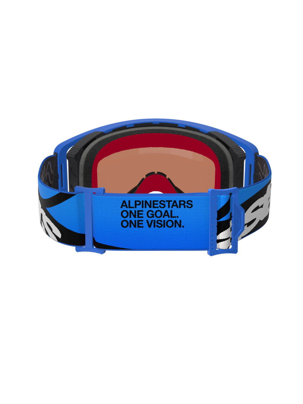 Óculos Alpinestars Supertech Stream, óculos de motocross, Azul Mirror Blue, vista traseira com correia azul ajustável, grafismos em preto e branco e o texto 'ALPINESTARS ONE GOAL. ONE VISION.', espuma facial multicamadas para conforto e vedação
