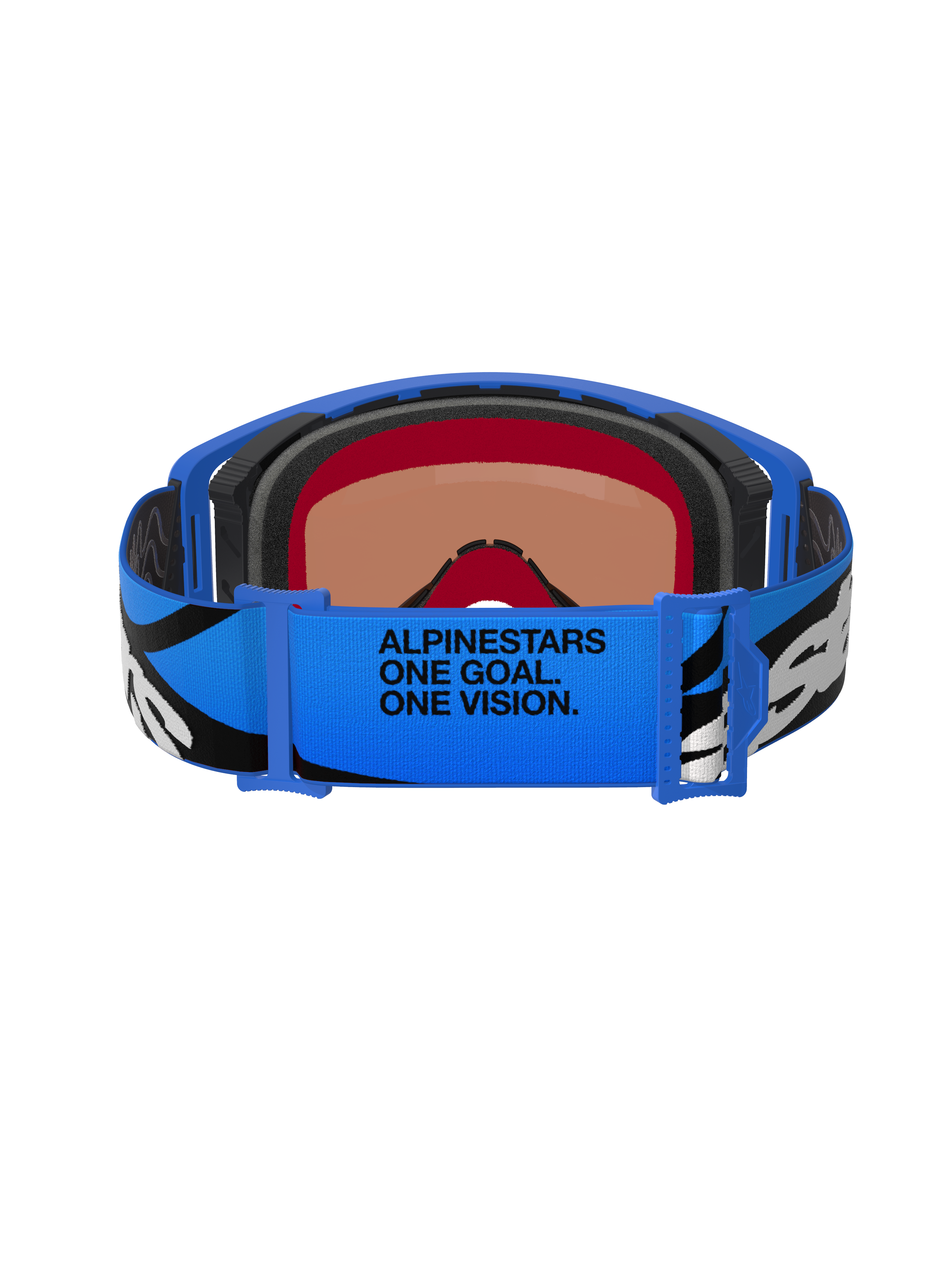 Óculos Alpinestars Supertech Stream, óculos de motocross, Azul Mirror Blue, vista traseira com correia azul ajustável, grafismos em preto e branco e o texto 'ALPINESTARS ONE GOAL. ONE VISION.', espuma facial multicamadas para conforto e vedação