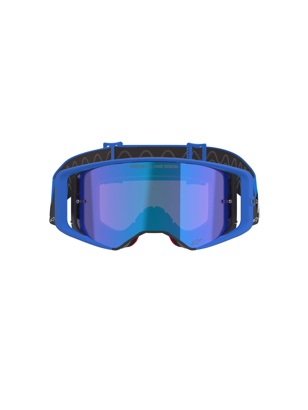 Óculos Alpinestars Supertech Stream, óculos de motocross, lente espelhada azul com armação azul, vista frontal, fita preta com logótipo branco, com o texto 'ONE GOAL... ONE VISION.' na lente, óculos de alta performance para corridas fora de estrada