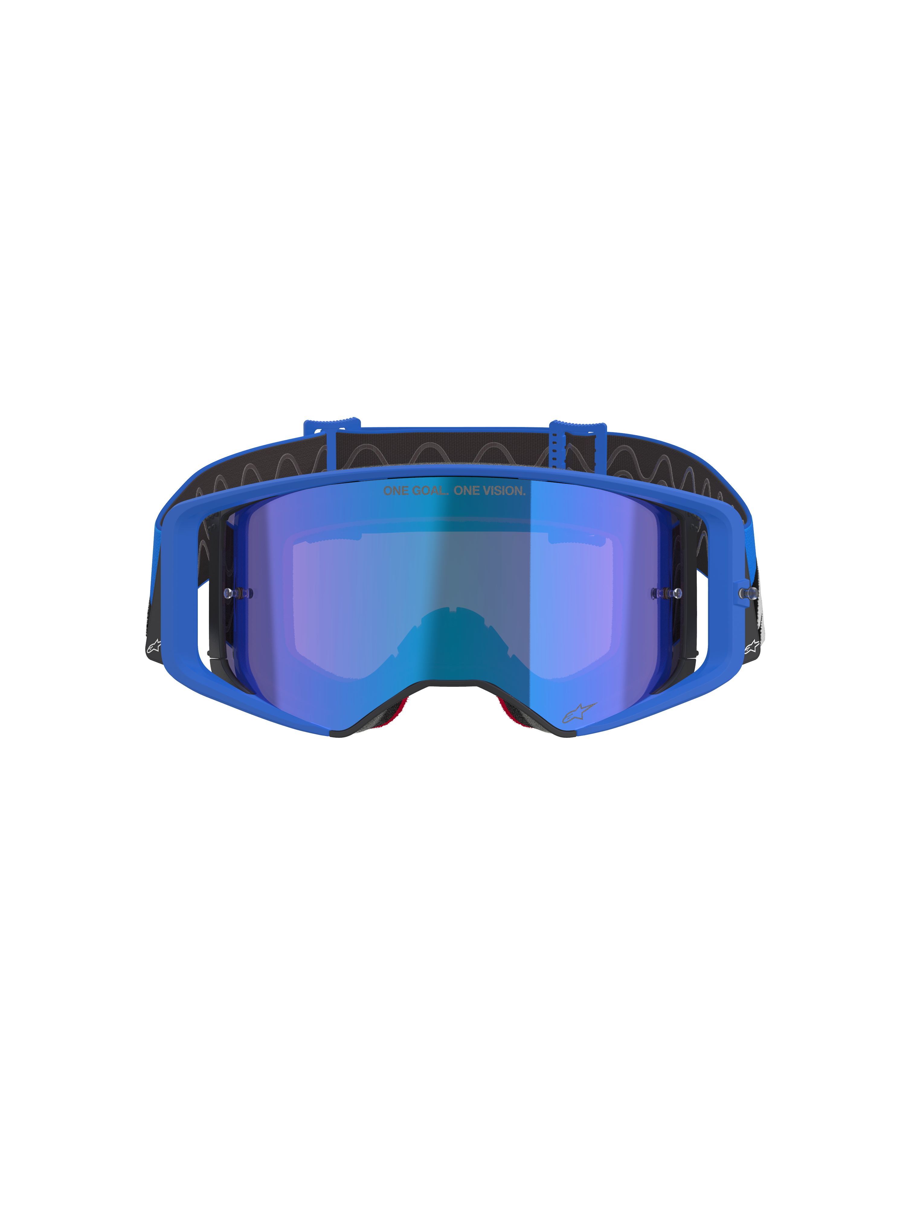 Óculos Alpinestars Supertech Stream, óculos de motocross, lente espelhada azul com armação azul, vista frontal, fita preta com logótipo branco, com o texto 'ONE GOAL... ONE VISION.' na lente, óculos de alta performance para corridas fora de estrada