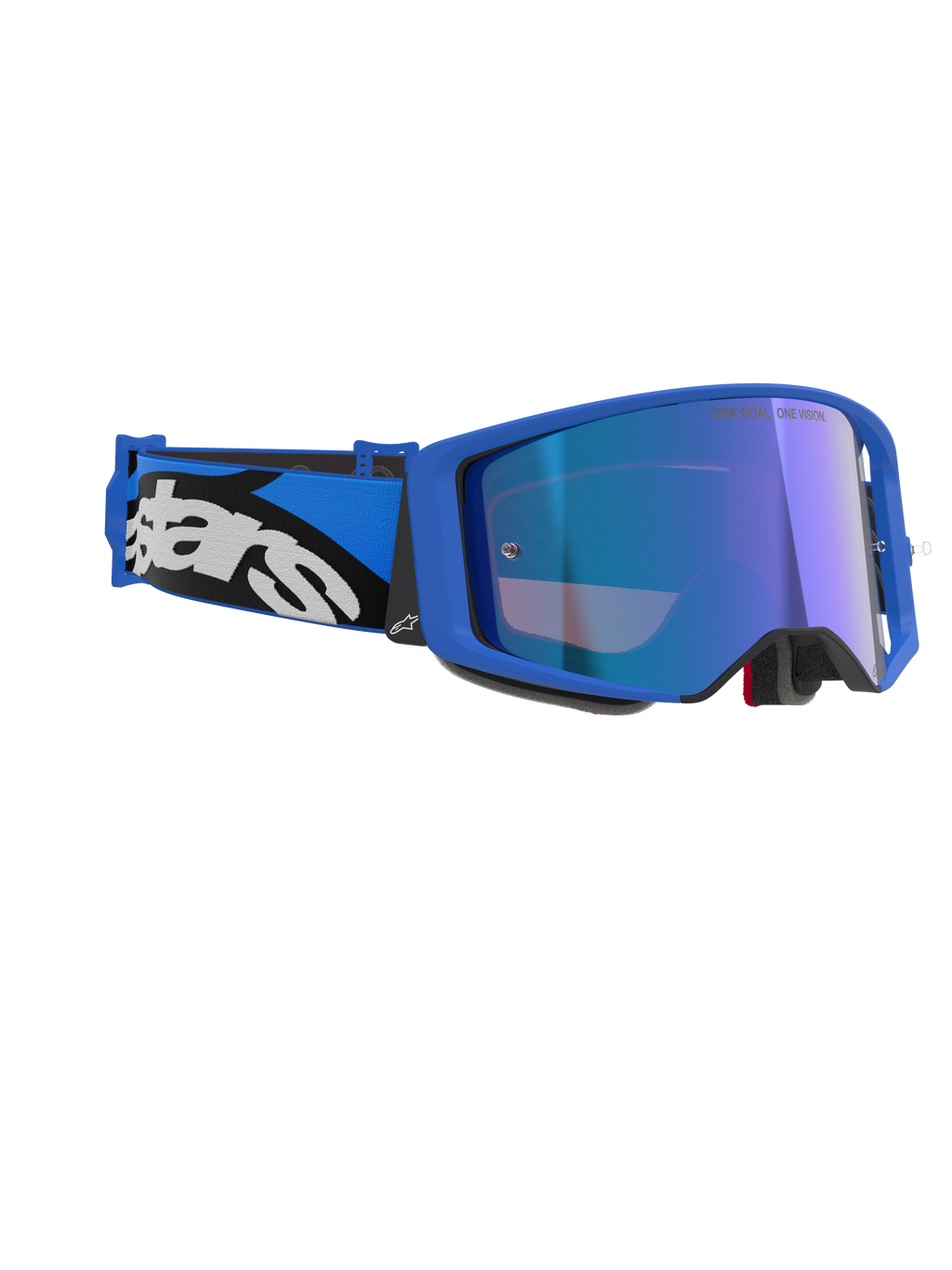 Alpinestars Supertech Stream Goggles, Azul Espelhado Azul, óculos de motocross com armação azul e lentes azuis espelhadas, fita ajustável azul e preta com logótipo Alpinestars branco, óculos profissionais para corridas off-road