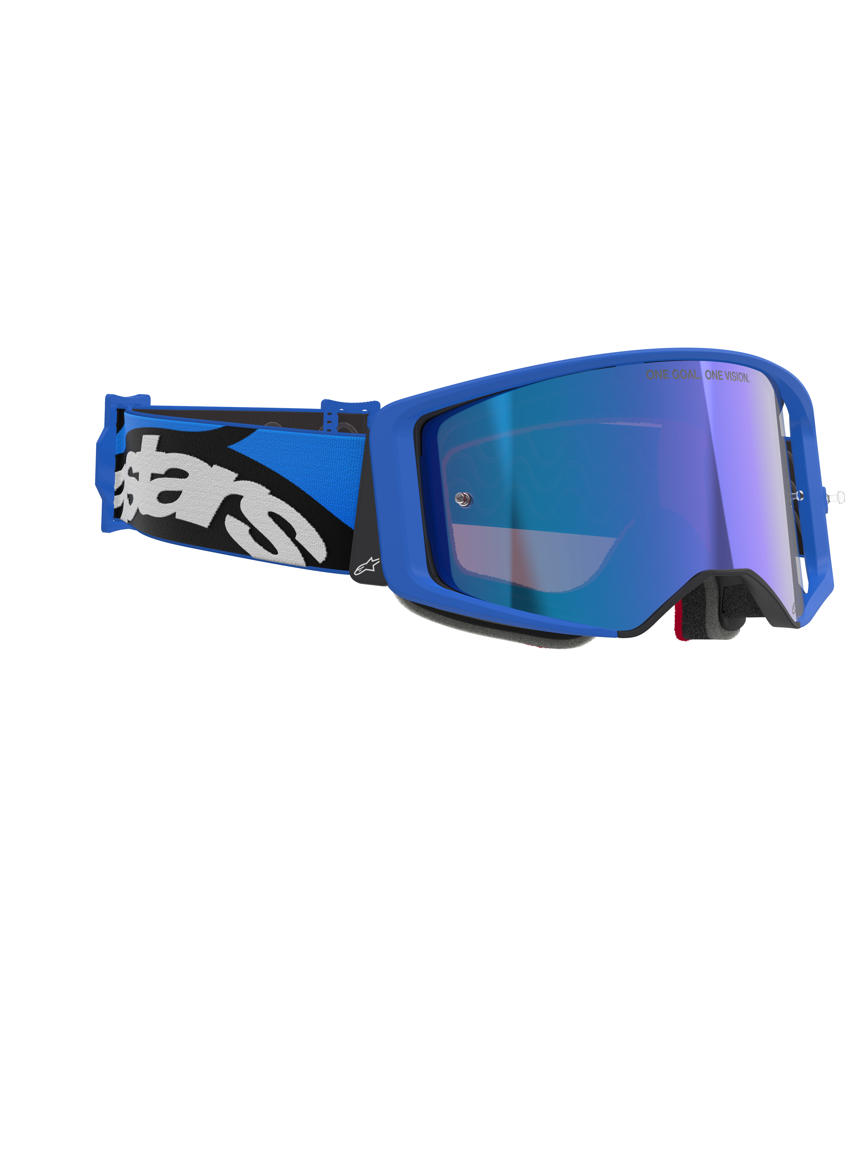 Alpinestars Supertech Stream Goggles, Azul Espelhado Azul, óculos de motocross com armação azul e lentes azuis espelhadas, fita ajustável azul e preta com logótipo Alpinestars branco, óculos profissionais para corridas off-road