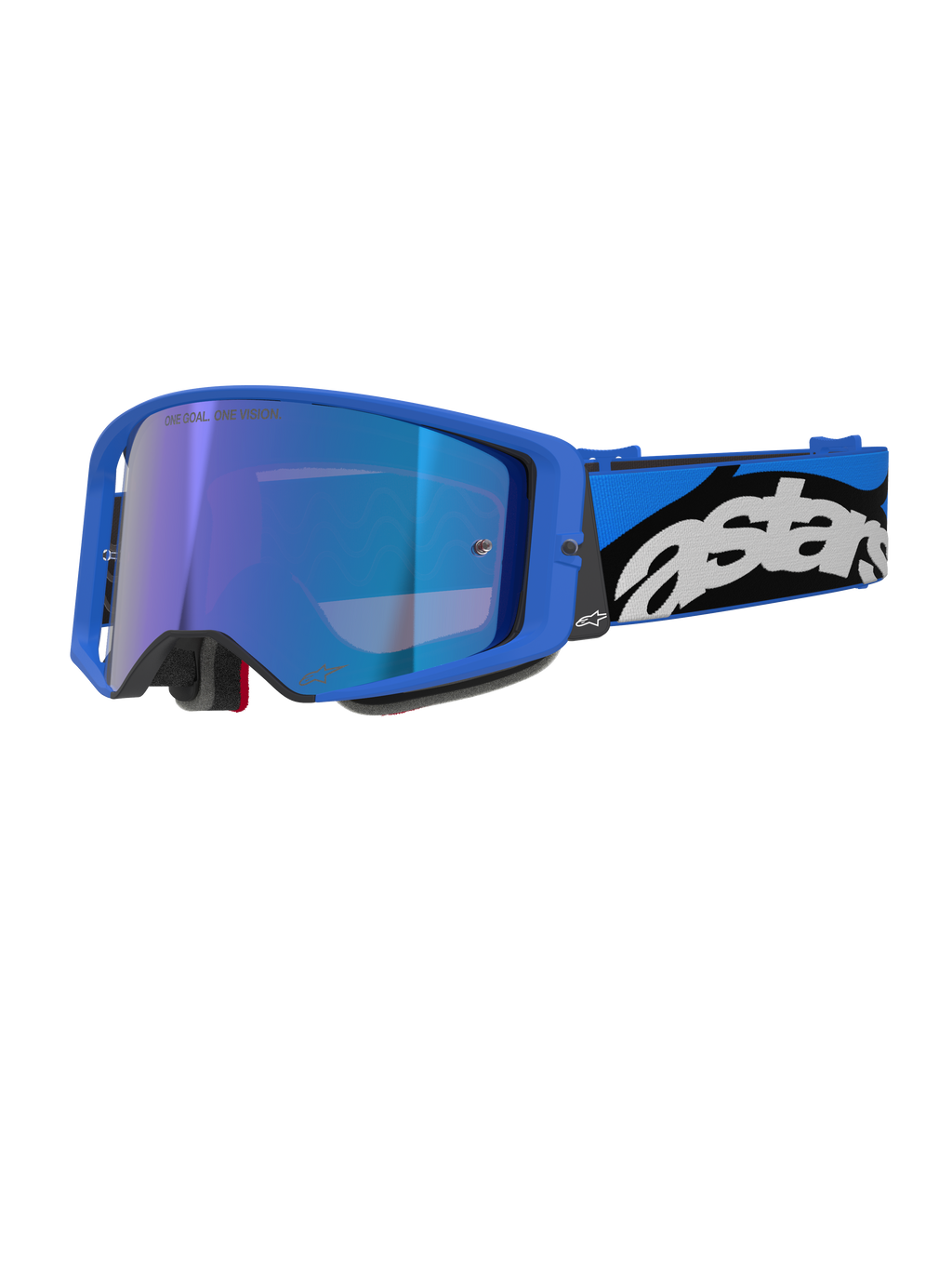 Alpinestars Supertech Stream Goggles, óculos de motocross e todo-o-terreno, armação em azul vivo com lente espelhada azul, correia larga azul e preta com logótipo Astars branco, acolchoamento em espuma cinzenta, equipamento de competição profissional