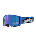 Alpinestars Supertech Stream Goggles, óculos de motocross e todo-o-terreno, armação em azul vivo com lente espelhada azul, correia larga azul e preta com logótipo Astars branco, acolchoamento em espuma cinzenta, equipamento de competição profissional