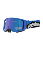 Alpinestars Supertech Stream Goggles, óculos de motocross e todo-o-terreno, armação em azul vivo com lente espelhada azul, correia larga azul e preta com logótipo Astars branco, acolchoamento em espuma cinzenta, equipamento de competição profissional