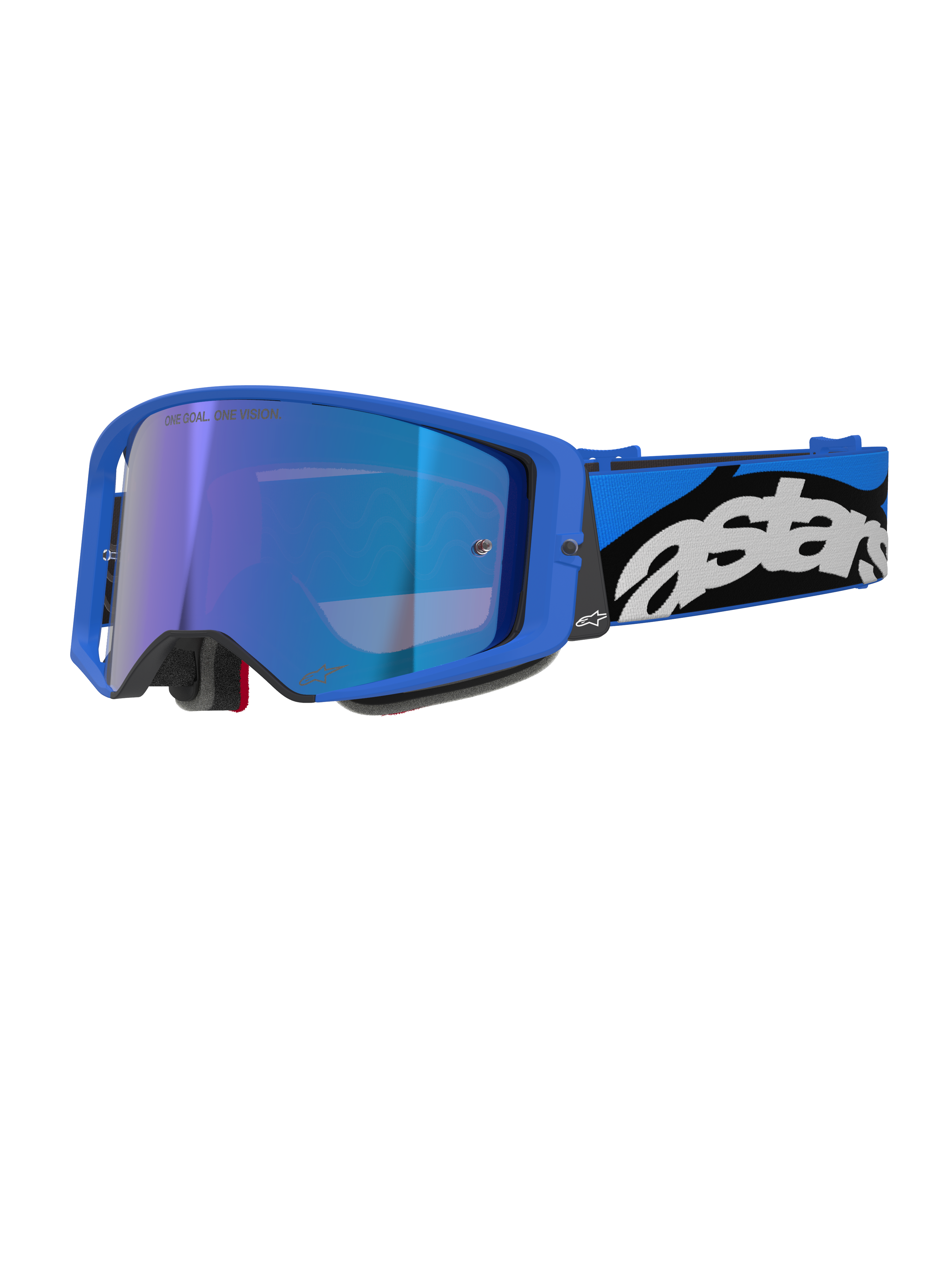 Alpinestars Supertech Stream Goggles, óculos de motocross e todo-o-terreno, armação em azul vivo com lente espelhada azul, correia larga azul e preta com logótipo Astars branco, acolchoamento em espuma cinzenta, equipamento de competição profissional