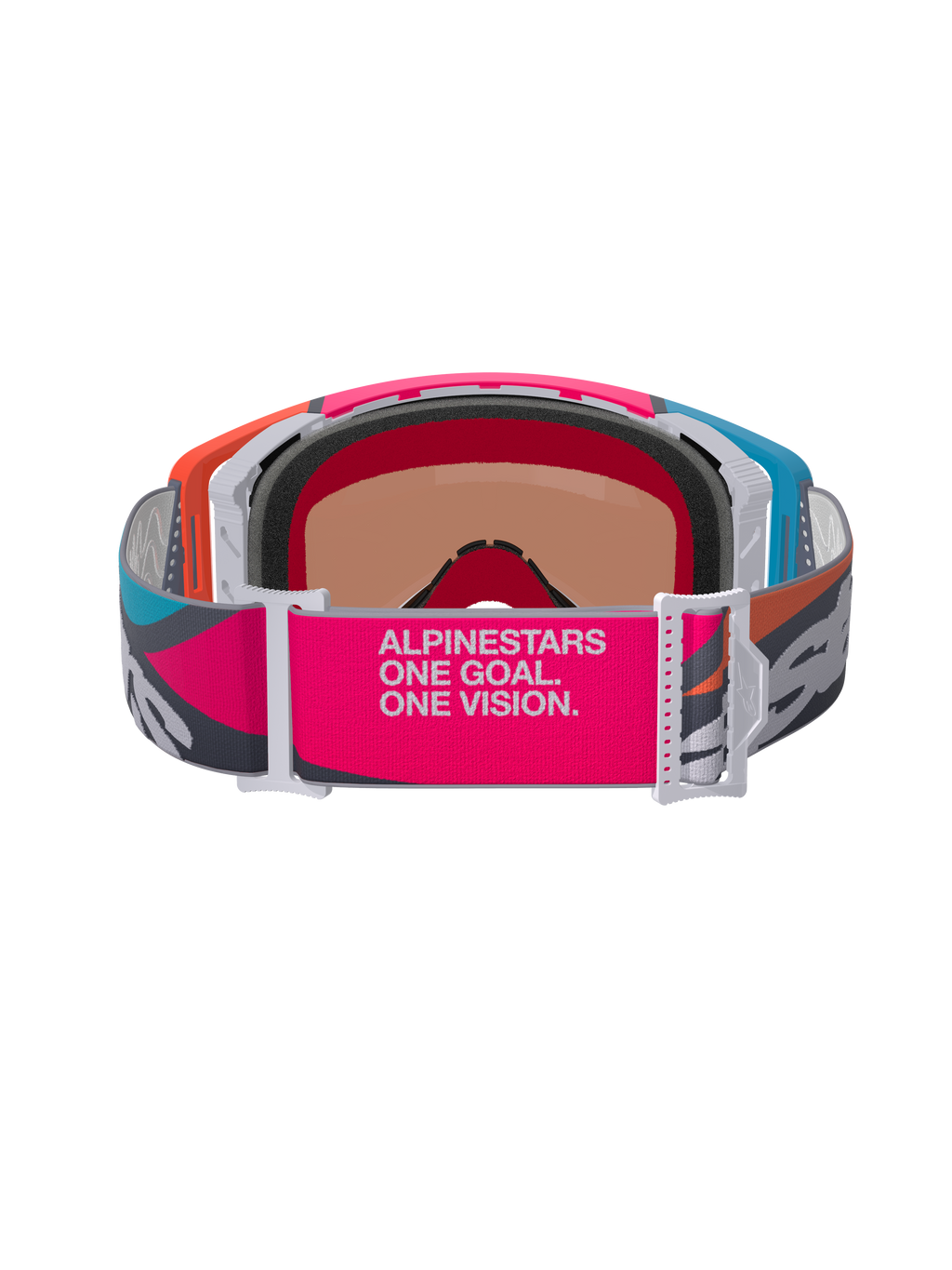 Óculos Alpinestars Supertech Stream, vista traseira com correia larga cor-de-rosa e cinzenta com o branding 'ALPINESTARS ONE GOAL. ONE VISION.', armação multicolorida em laranja e azul, espuma facial moldada em 3D, óculos profissionais de motocross e todo-o-terreno