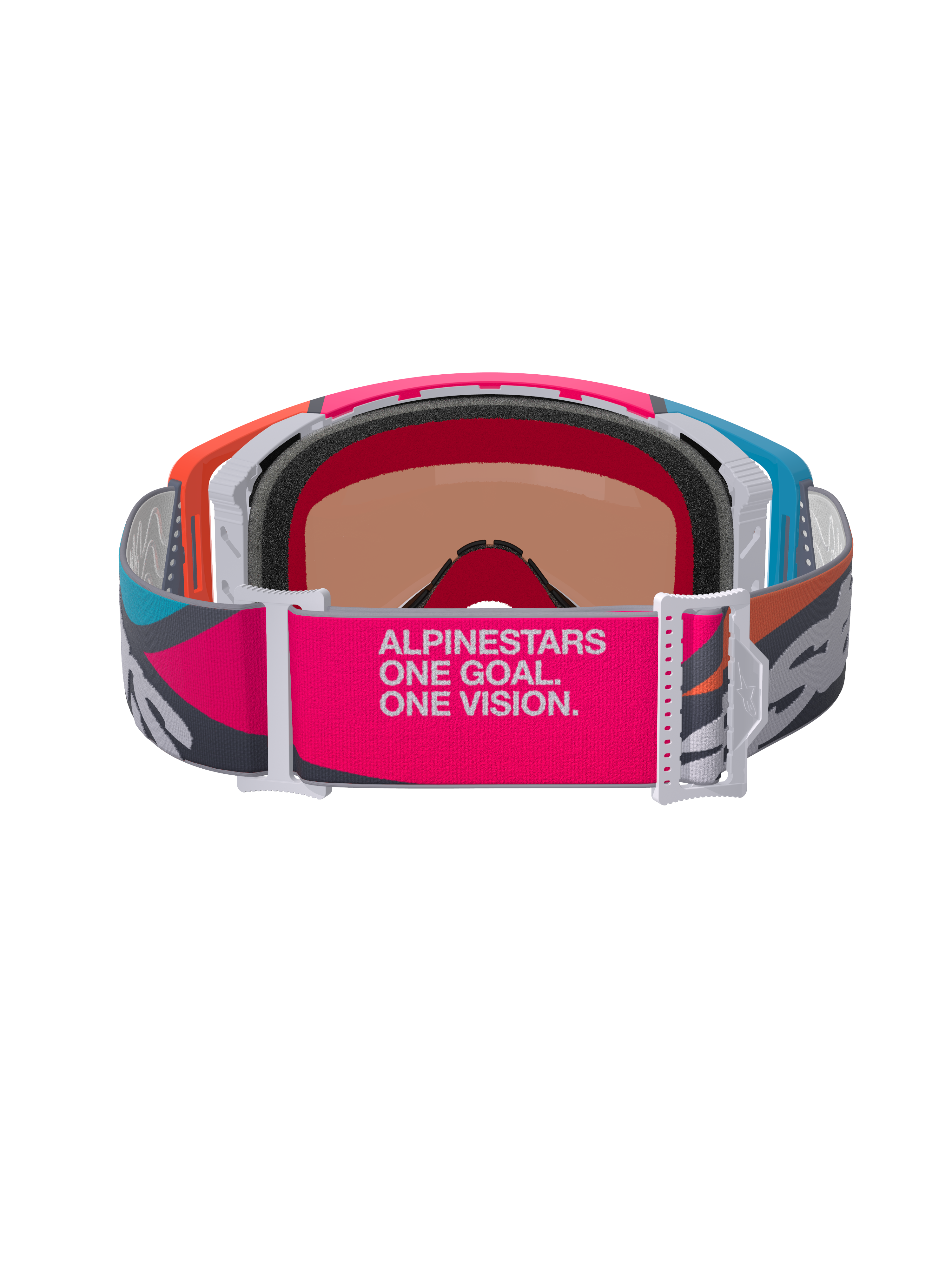 Óculos Alpinestars Supertech Stream, vista traseira com correia larga cor-de-rosa e cinzenta com o branding 'ALPINESTARS ONE GOAL. ONE VISION.', armação multicolorida em laranja e azul, espuma facial moldada em 3D, óculos profissionais de motocross e todo-o-terreno