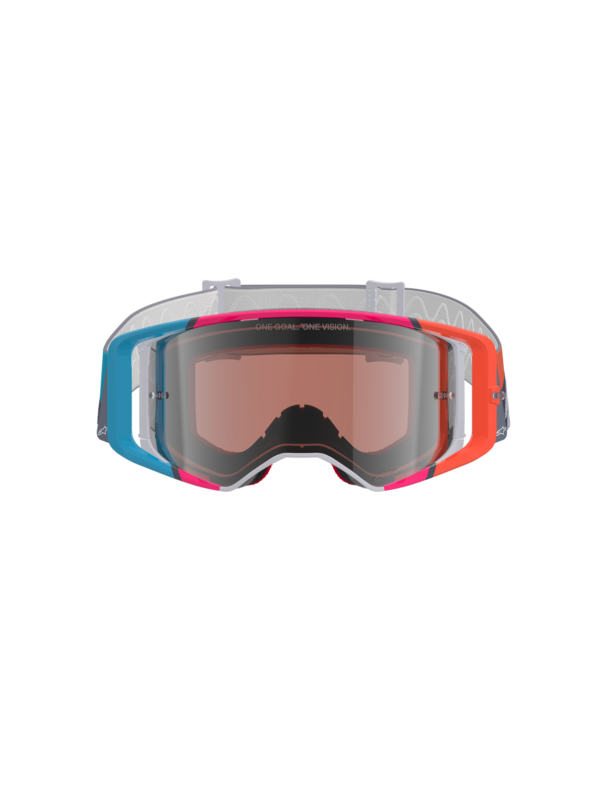 Óculos Alpinestars Supertech Stream, óculos de motocross, armação vibrante e multicolorida com detalhes em azul, laranja e rosa, lente Silver Mirror com o texto 'ONE GOAL. ONE VISION.', correia branca com padrão, proteção ocular de alto desempenho para corridas todo-o-terreno