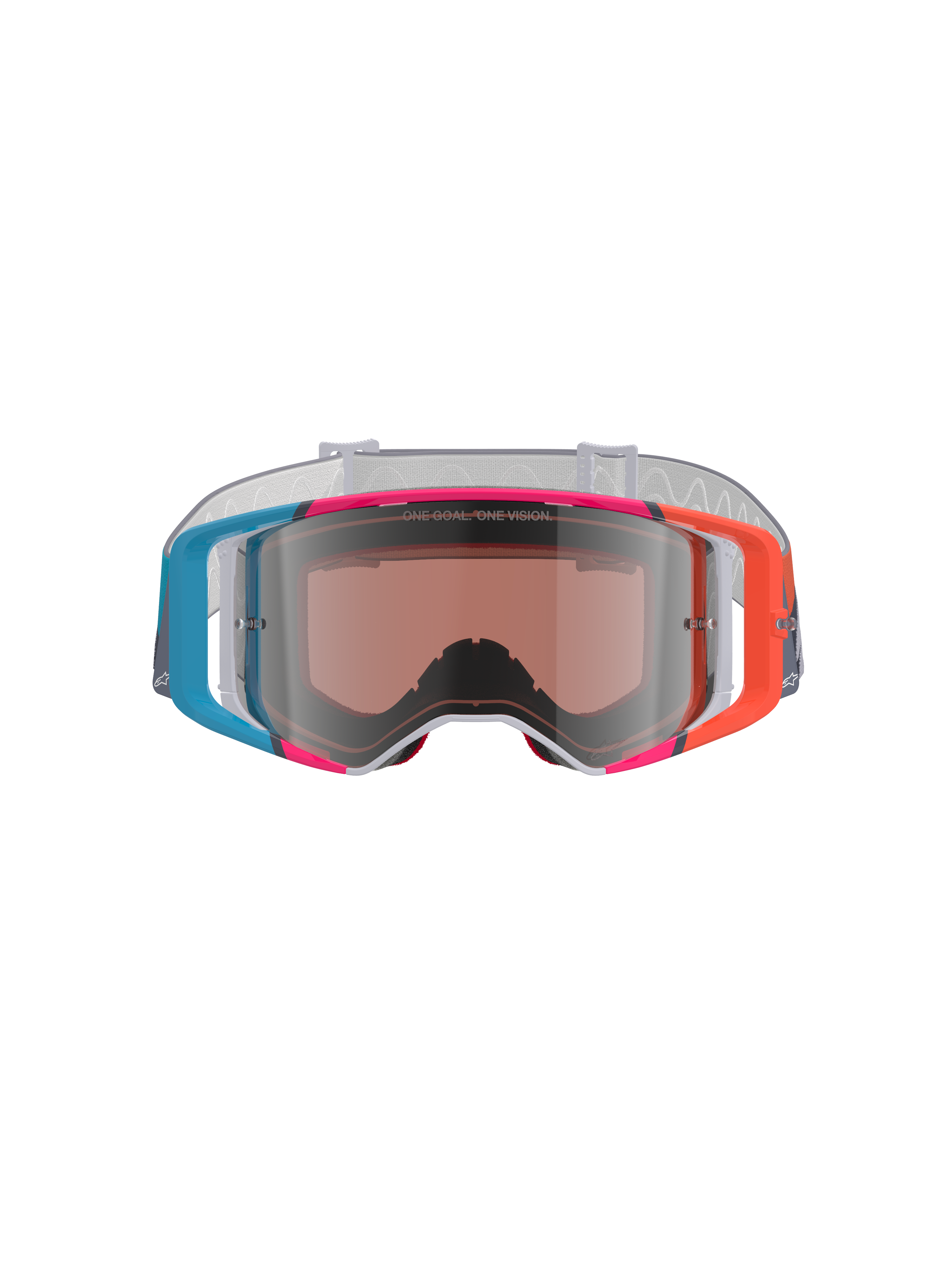 Óculos Alpinestars Supertech Stream, óculos de motocross, armação vibrante e multicolorida com detalhes em azul, laranja e rosa, lente Silver Mirror com o texto 'ONE GOAL. ONE VISION.', correia branca com padrão, proteção ocular de alto desempenho para corridas todo-o-terreno