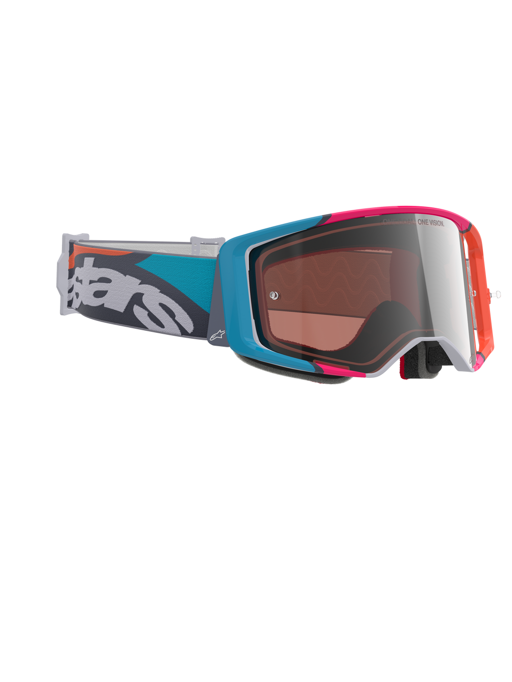 Óculos Alpinestars Supertech Stream, óculos de motocross, armação cinzenta com detalhes em azul e rosa, lente espelhada Silver Multi Mirror, correia azul-petróleo e cinzenta com marca branca em destaque, óculos de alto desempenho para competição todo-o-terreno