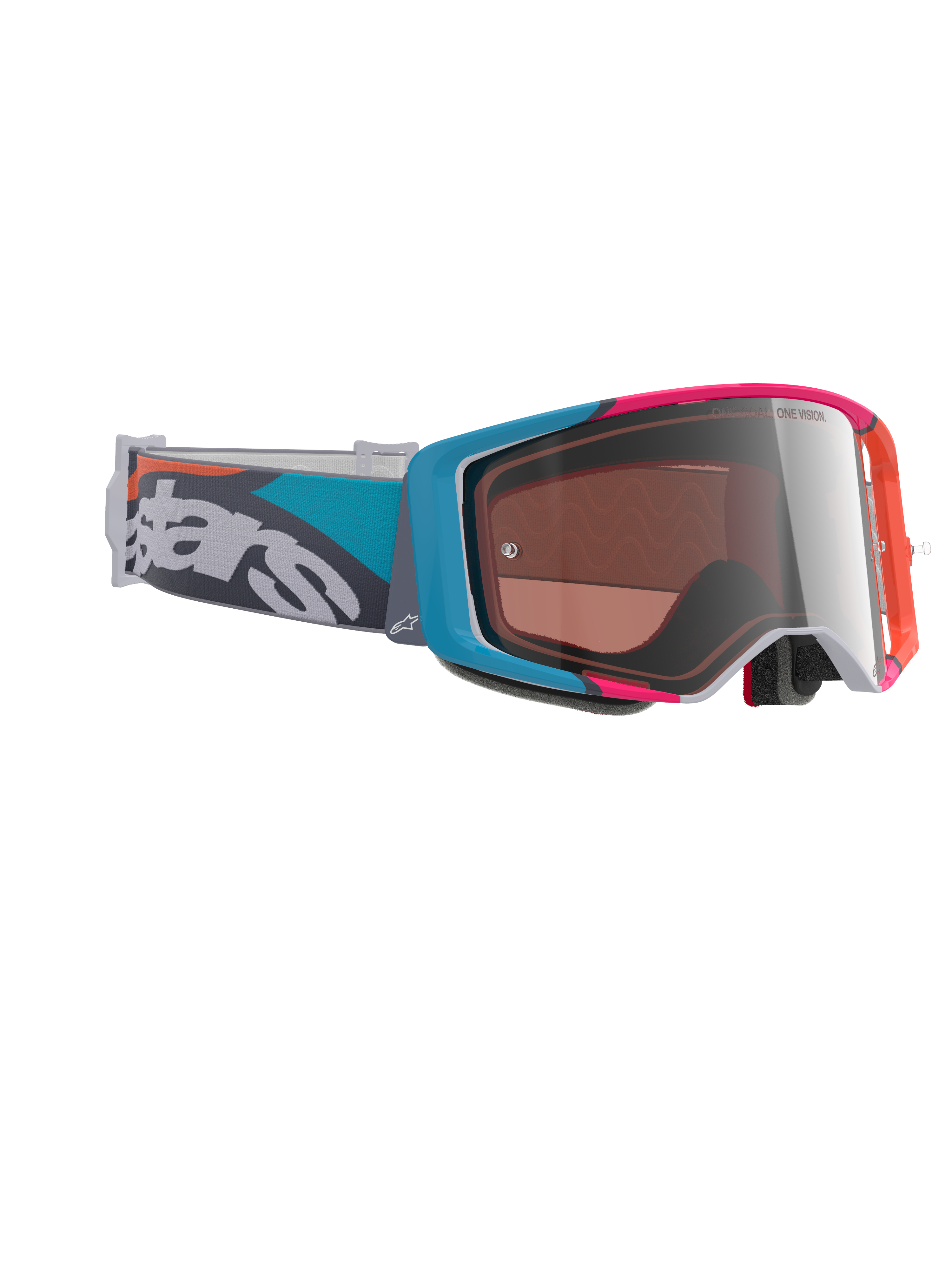 Óculos Alpinestars Supertech Stream, óculos de motocross, armação cinzenta com detalhes em azul e rosa, lente espelhada Silver Multi Mirror, correia azul-petróleo e cinzenta com marca branca em destaque, óculos de alto desempenho para competição todo-o-terreno