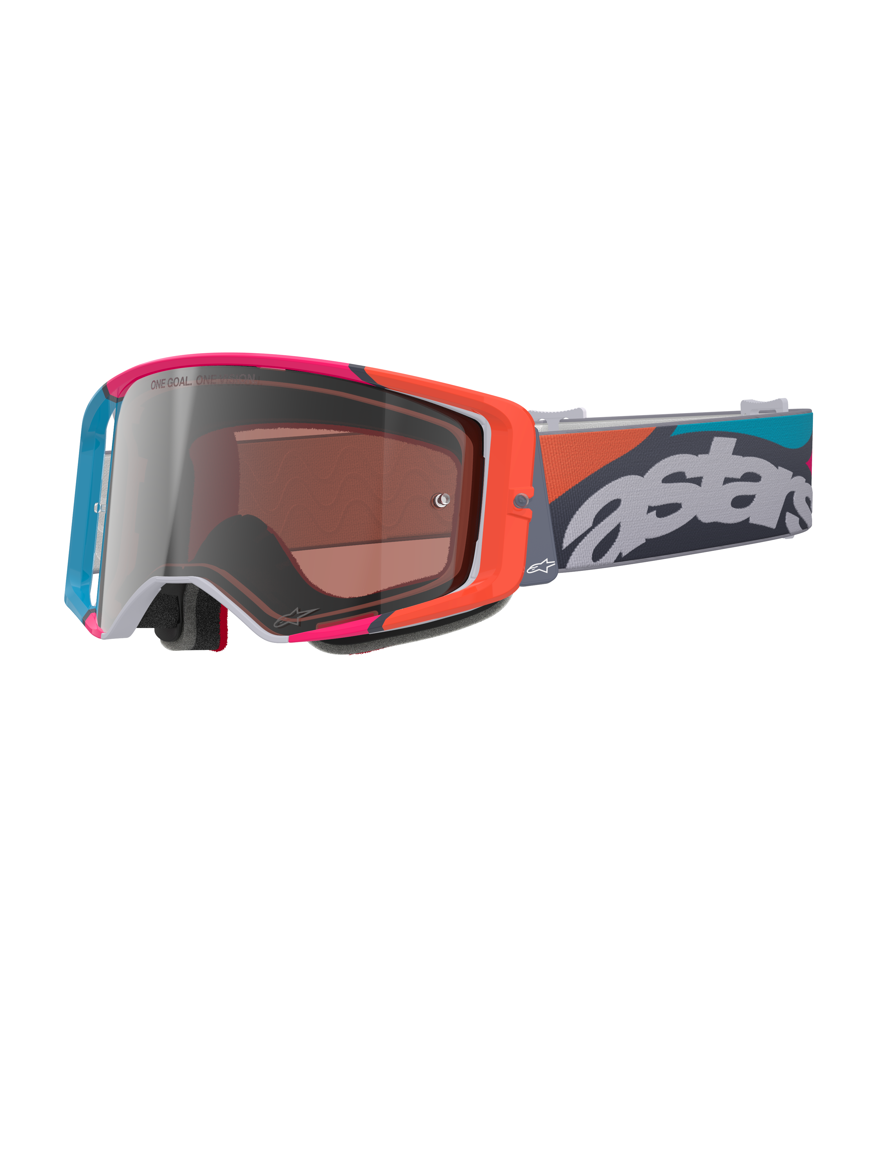 Óculos Alpinestars Supertech Stream, armação cinzenta com realces vibrantes em vermelho e azul, lente prateada Multi Mirror Silver, acolchoamento de espuma espessa, fita ajustável com a marca 'astars' em destaque a branco e padrões geométricos coloridos, proteção ocular profissional para motocross
