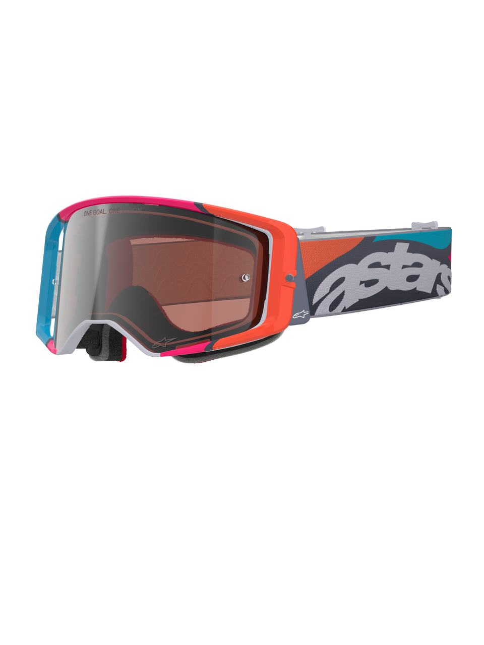 Óculos Alpinestars Supertech Stream, armação cinzenta com realces vibrantes em vermelho e azul, lente prateada Multi Mirror Silver, acolchoamento de espuma espessa, fita ajustável com a marca 'astars' em destaque a branco e padrões geométricos coloridos, proteção ocular profissional para motocross