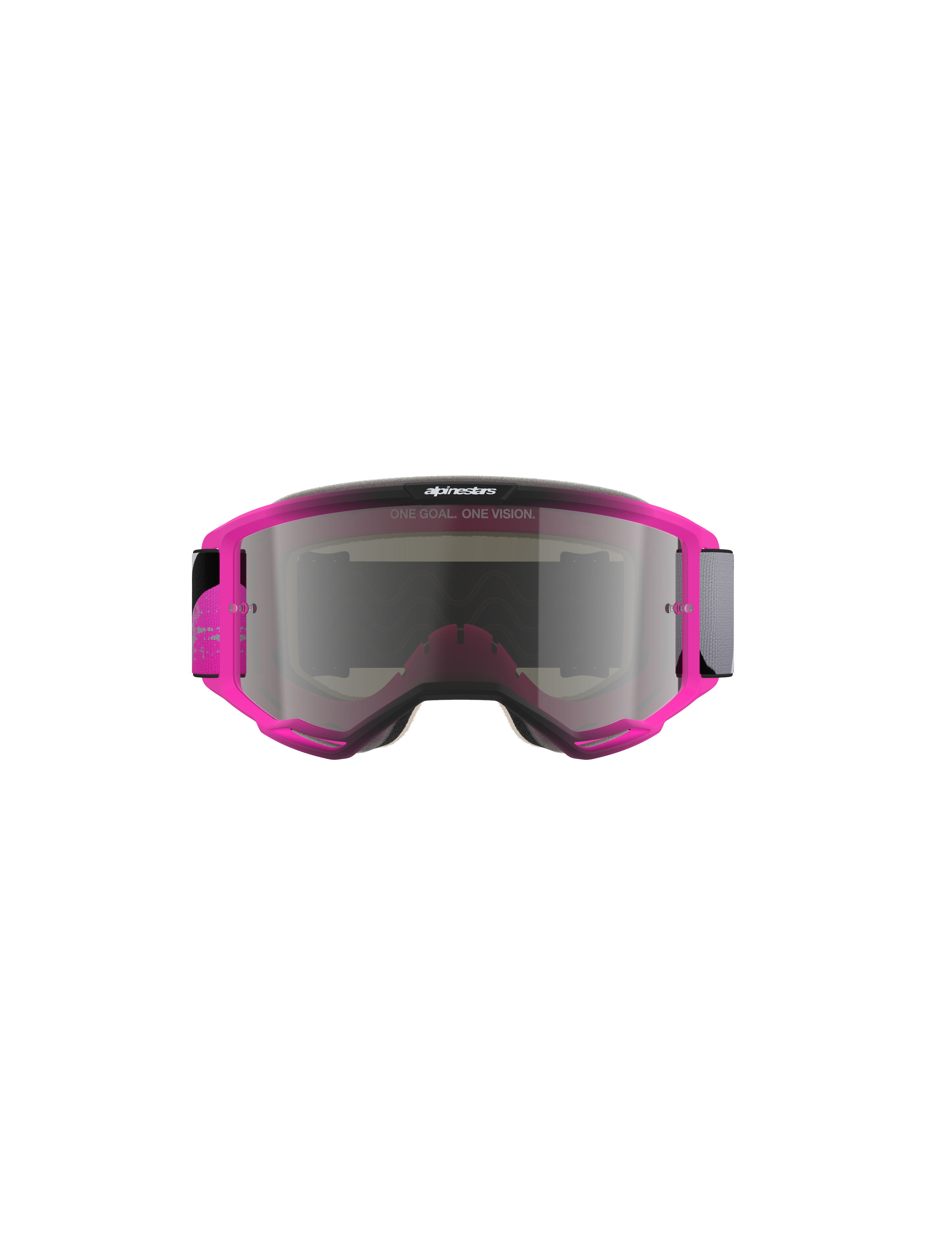 Alpinestars Vision 5 Lahnd Goggles, óculos de motocross, Iron Pink Fluo com lente prateada espelhada, armação cor-de-rosa vibrante com lente espelhada prateada, inclui o texto 'ONE GOAL. ONE VISION.', design aerodinâmico elegante para corridas fora de estrada