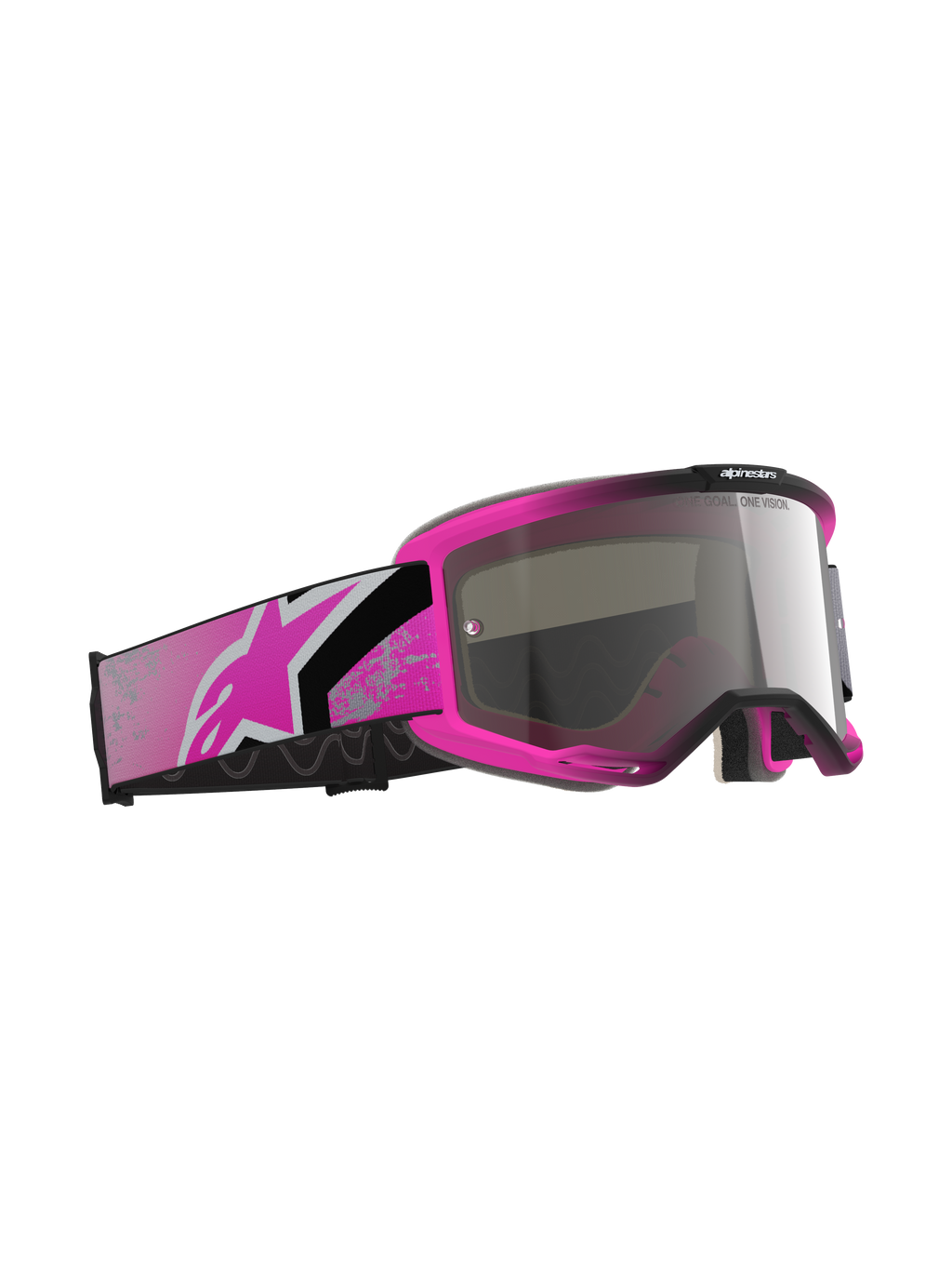 Óculos Alpinestars Vision 5 Lahnd, óculos de motocross, cor-de-rosa fluorescente e prateado espelhado, armação cor-de-rosa vibrante com lente prateada espelhada, tira larga cor-de-rosa e preta com logótipo Astars em cor-de-rosa, equipamento de proteção para todo-o-terreno