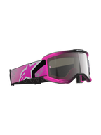 Óculos Alpinestars Vision 5 Lahnd, óculos de motocross, cor-de-rosa fluorescente e prateado espelhado, armação cor-de-rosa vibrante com lente prateada espelhada, tira larga cor-de-rosa e preta com logótipo Astars em cor-de-rosa, equipamento de proteção para todo-o-terreno